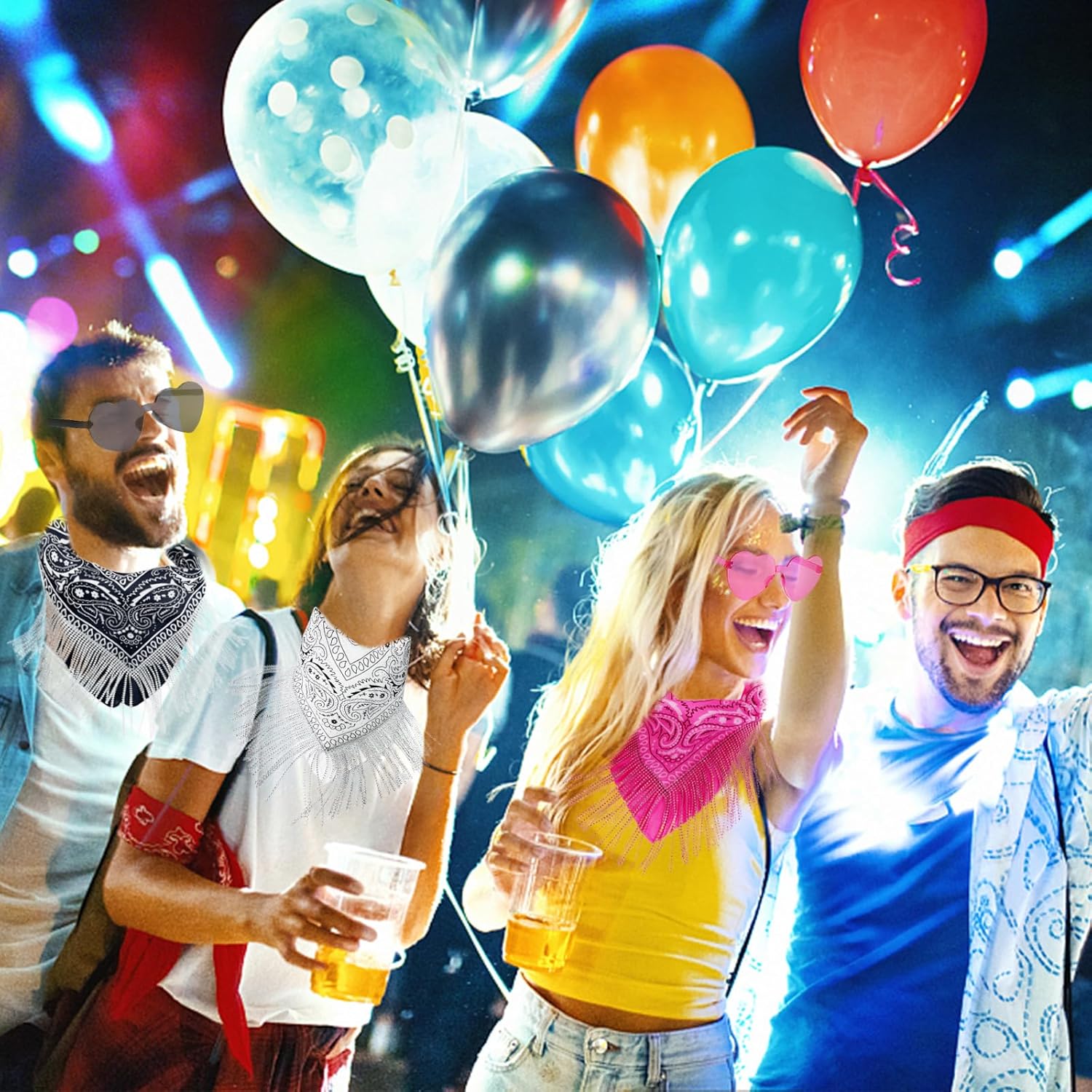 Fringe Rhinestone Bandana with Heart Sunglasses, Disco Cowgirl Boy Paisley Pattern Face Mask Square Scarf Headwear - Image 6