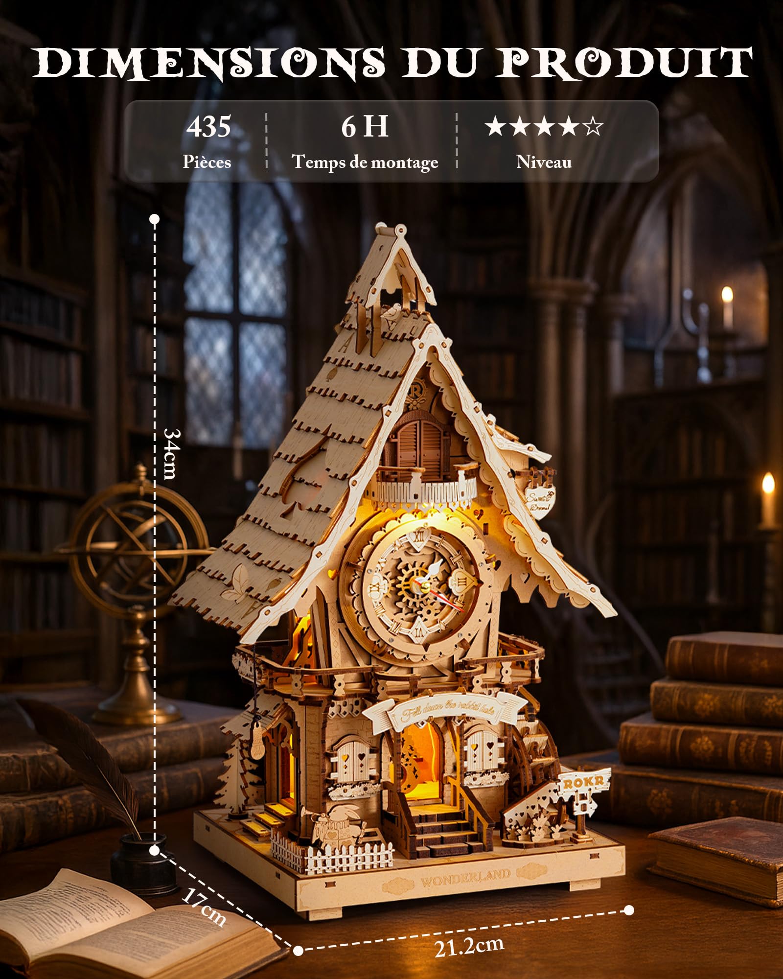 ROKR Puzzle 3D Horloge à Coucou, Maquette en Bois a Construire Kits de Maquettes, Puzzle 3D Cadeaux Artisanaux et décoration pour Adultes, Cuckoo Clock Couleur du Bois, LC901