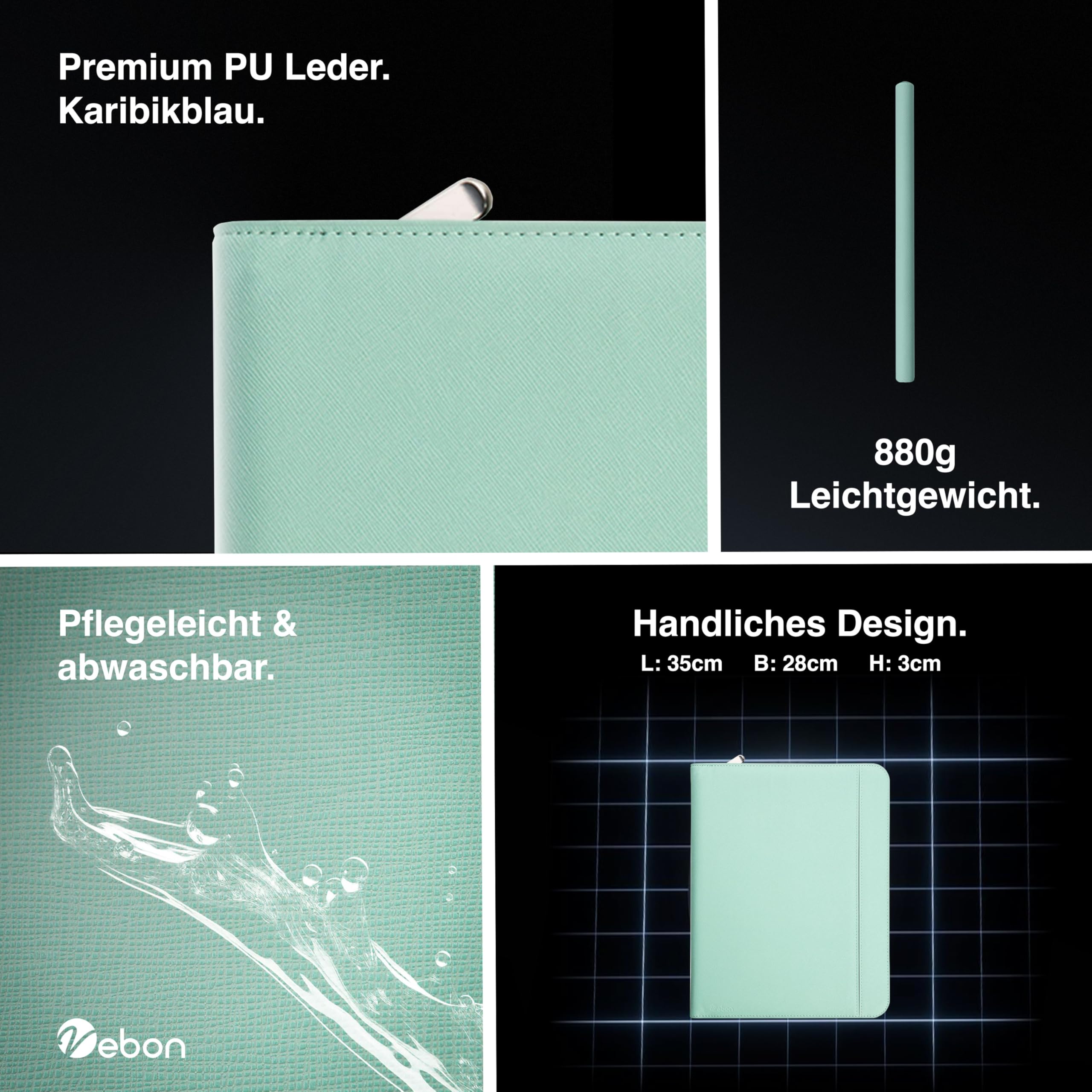 Vebon® Schreibmappe Ringbuch A4"Paris" I Reißverschluss + Klemmbrett I Konferenzmappe + Laptoptasche I extra Stauraum I Kunstleder I Türkis