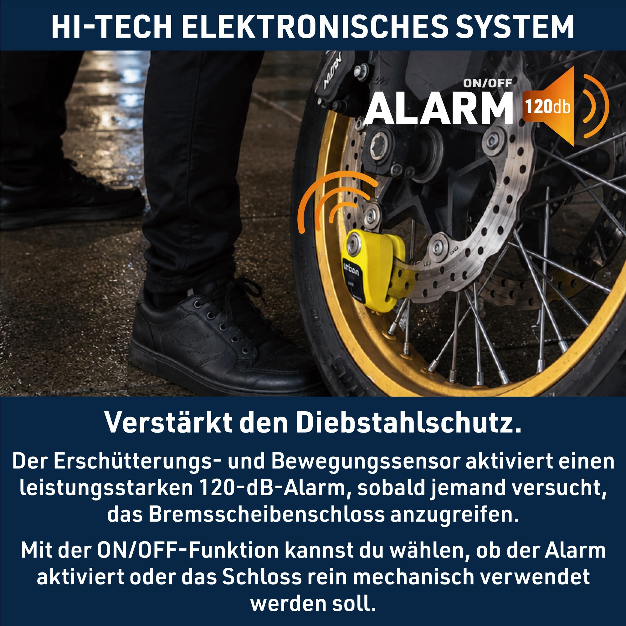 URBAN UR910Y Bremsscheibenschloss mit Alarm 120dB ON/OFF, Gelb+Schwarz Edelstahl lackiert +Abschreckend, SRA & Sold Secure Gold Zertifiziert, Doppelverriegelung Ø10 mm, Motorrad Schloss für Scooter