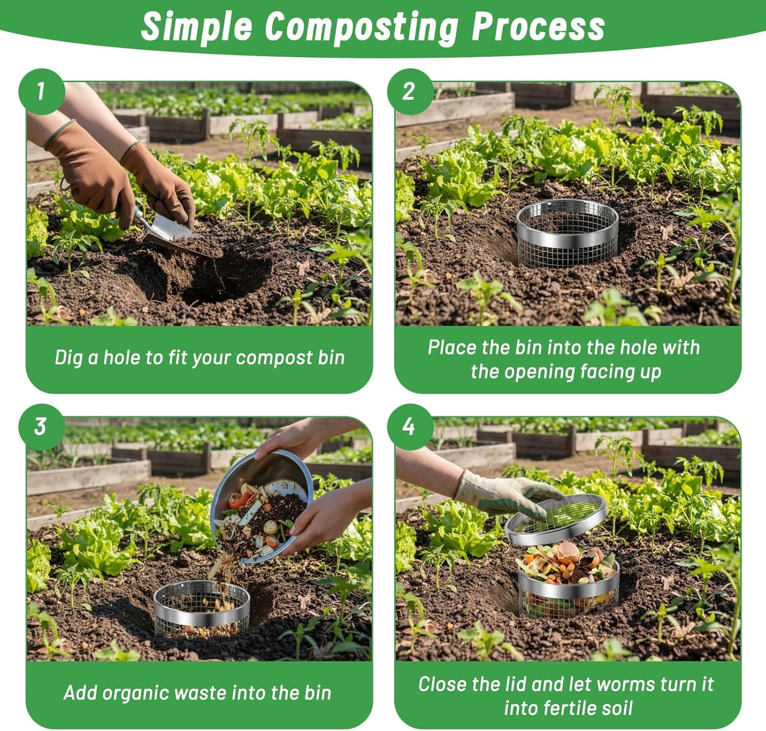 4 Stück Edelstahl Wurmkomposter Set, 2 Größen (Ø10/9cm) Inground Komposter für Garten, Hochbeet, Gemüsebeet, Kompostbehälter für Biomüll, Natürlicher Dünger für Pflanzen