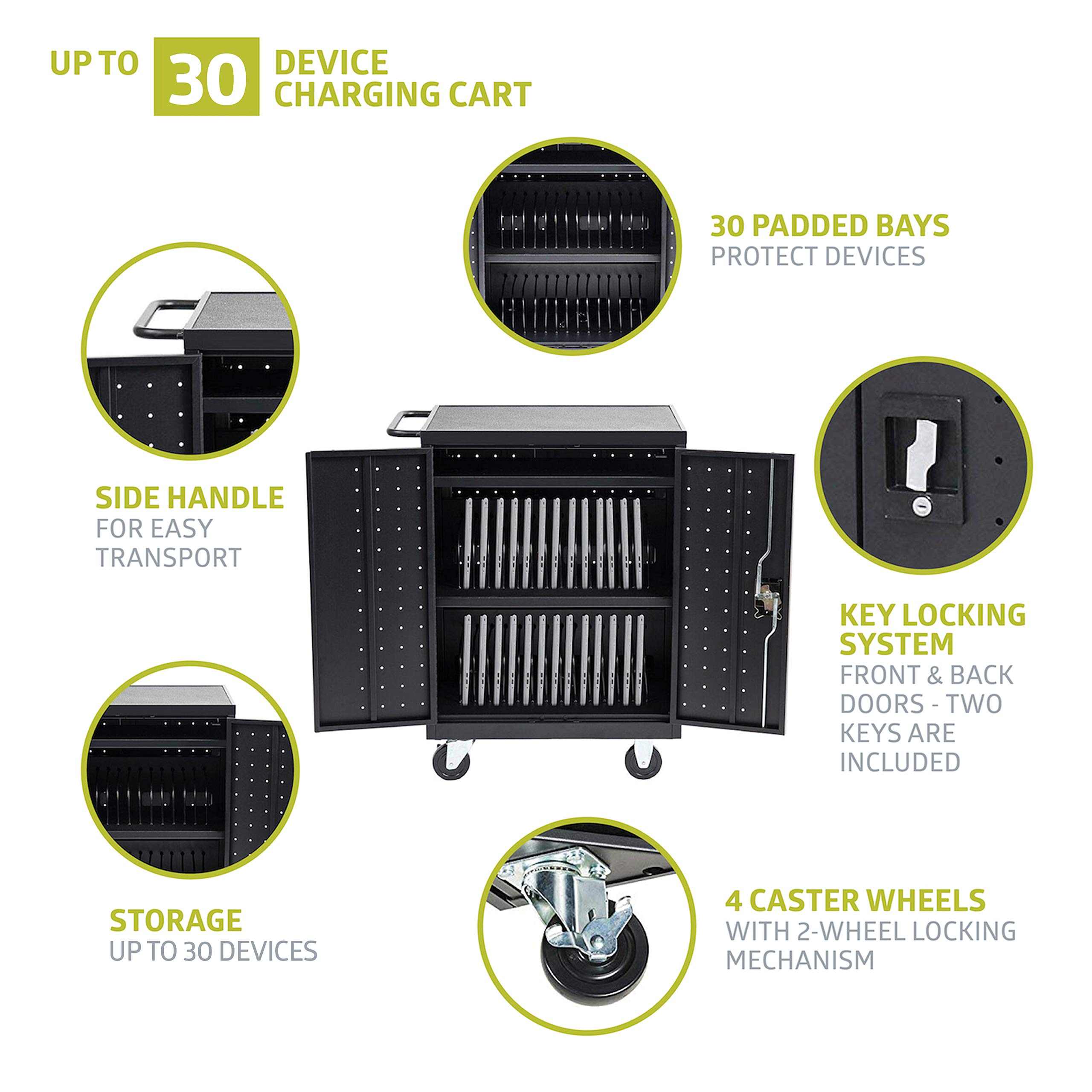 Pearington 30 Bay Mobile Charging and Storage Cart for iPads, Chromebooks and Laptop Computers, Up to 13-inch Screen Size, Surge Protection, Front & Back Access Locking Cabinet