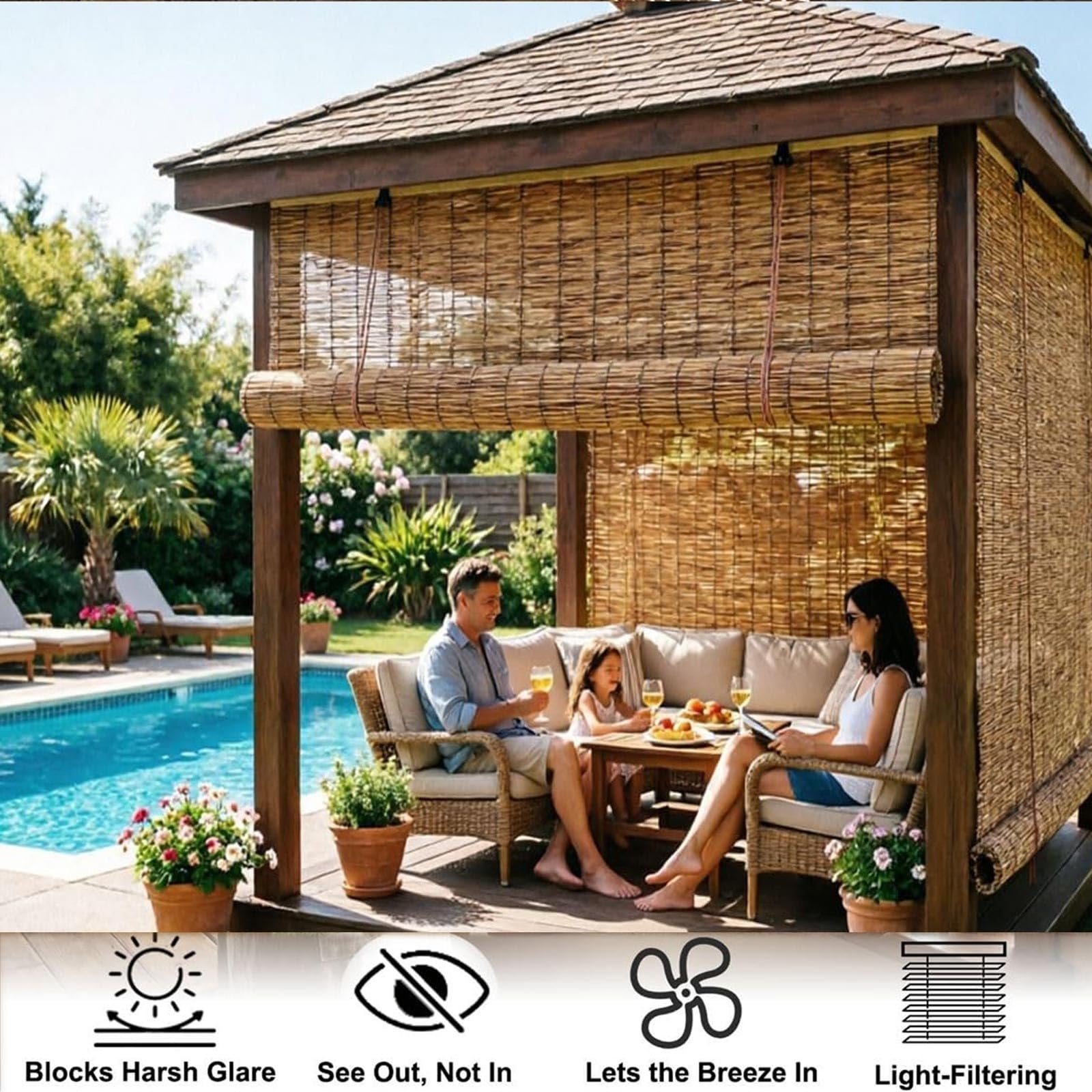Store Bambou Extérieur pour Terrasse et Balcon, Store Enrouleur en Roseau Naturel, Brise Vue pour Pergola, Véranda et Jardin, Store Décoratif Filtrant la Lumière(W130 x H200 cm)