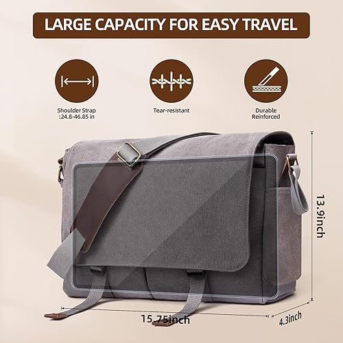 Miniatura 4 de Bolsa de mensajero para hombre, bolsa para laptop, unisex, bolsa de lona retro, 14-15.6 pulgadas, casual, bolsa de hombro individual para trabajo,
