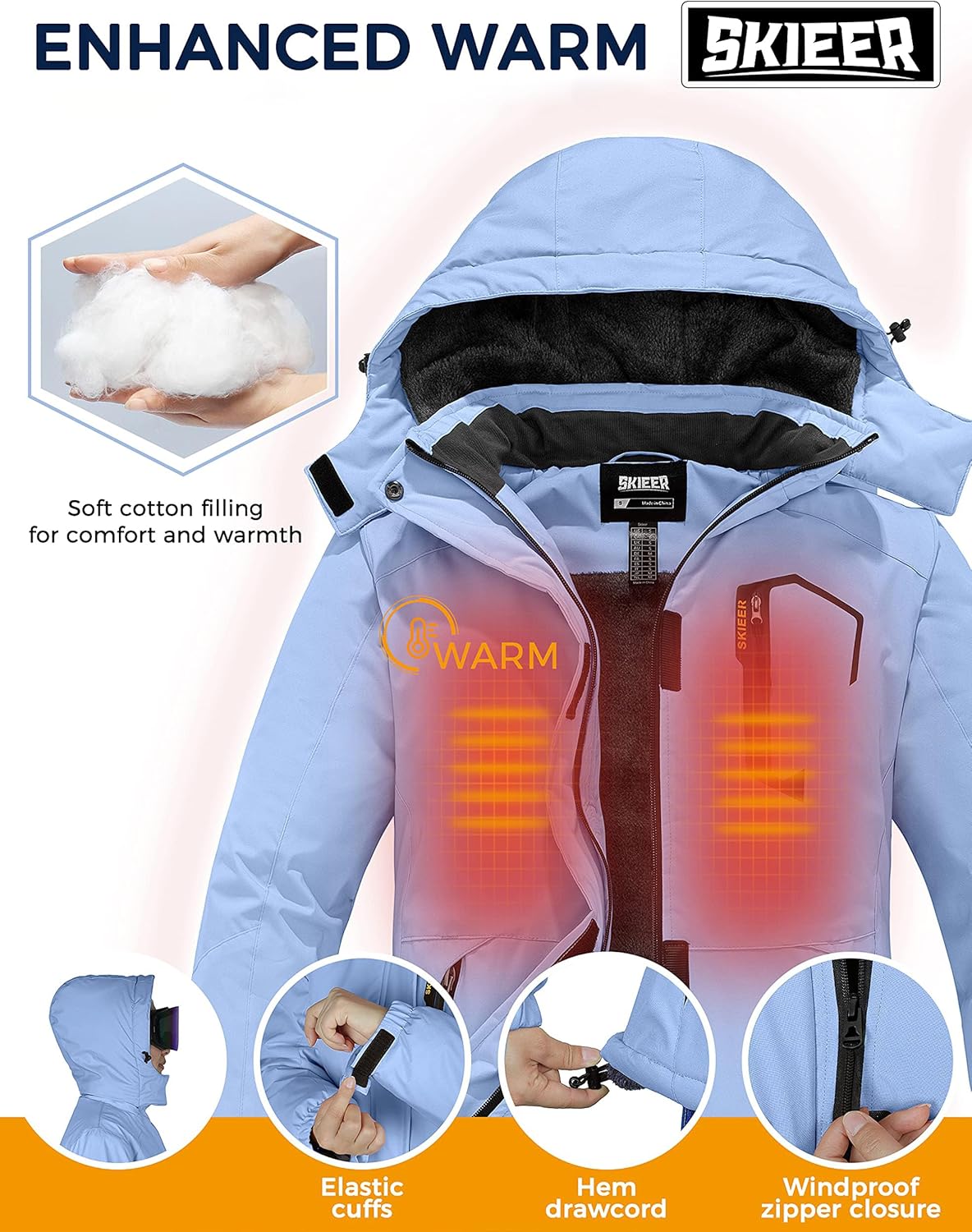 Skieer Women's Waterproof Ski Jacket Warm Winter Coat Fleece Snowboarding Coat