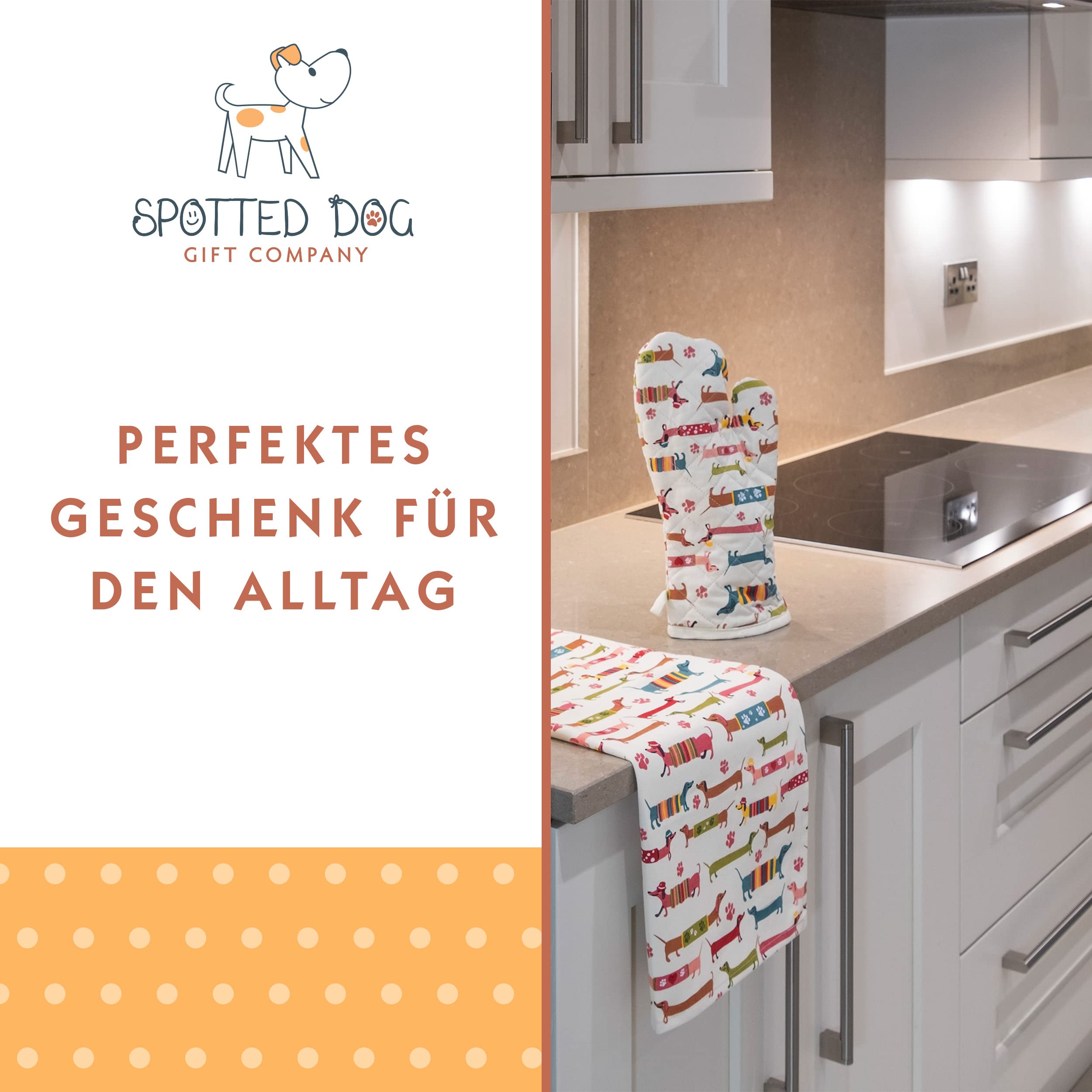 SPOTTED DOG GIFT COMPANY - 2 Set Hitzebeständig Lange Ofenhandschuhe Hitzeresistente Topflappen Backhandschuhe aus Qualitäts Baumwolle mit Süß Dachshund Dackel Hund-Motiv für Hundeliebhaber Geschenk