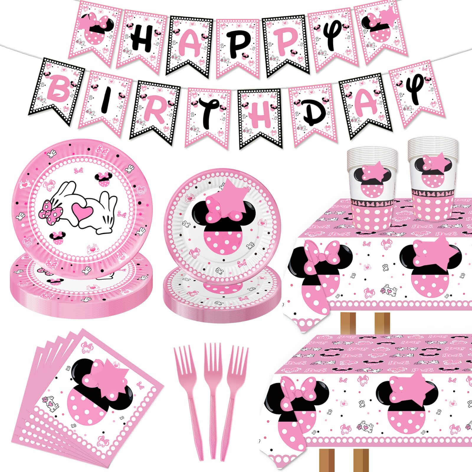 117 Pcs Pink Cartoon Party Dessert Plates Napkins Forks Tablecloth Cups Birthday Banner Tablecovers for Baby Shower Girls 1st 2nd 3rd 4th 5th Birthday