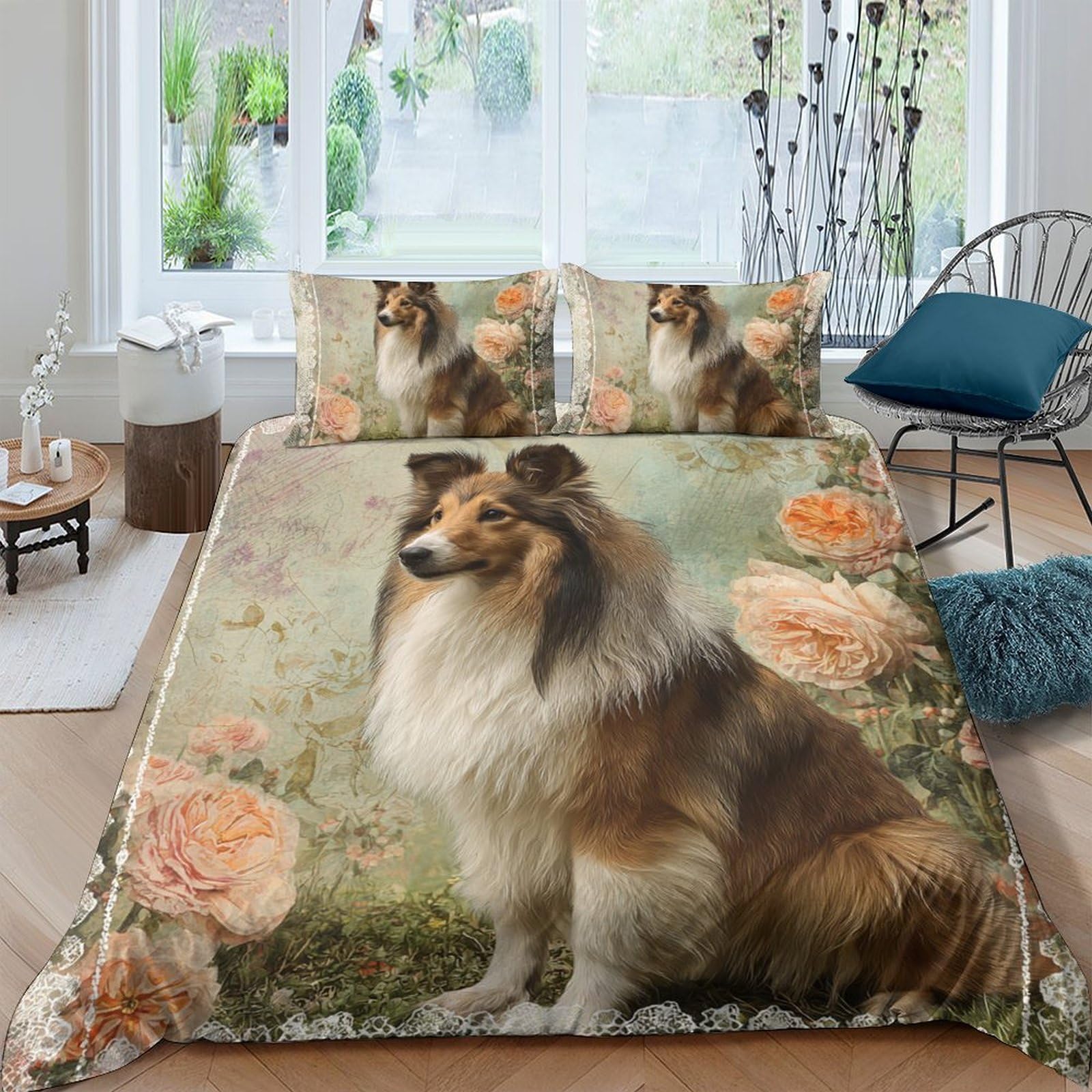 Ctjqhvkz Style-1 3D Printed Collie Dog Flower Fitted Sheet Microfiber Soft Bed Cover For Bedroom Guest Room Decor Easy Care Single（135X200cm）