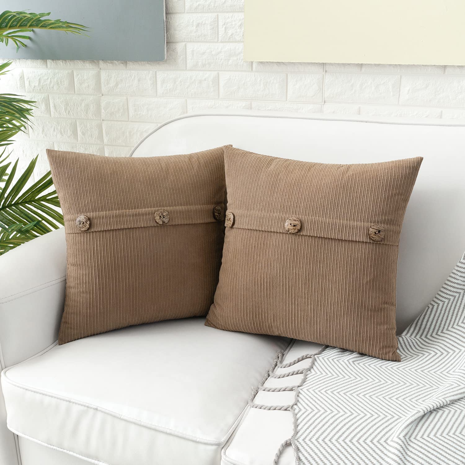 HWY 50 Taupe Chenille Cushion Covers 45cm x 45cm (18"x18") with Triple Buttons, Set of 2 - Image 3