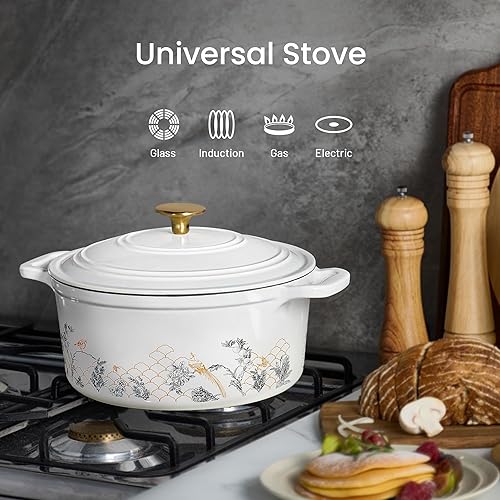 Miniatura 3 de CAROTE Olla de hierro fundido con tapa, horno holandés floral esmaltado de 5 cuartos con caja de regalo, olla de hierro fundido para hornear pan de