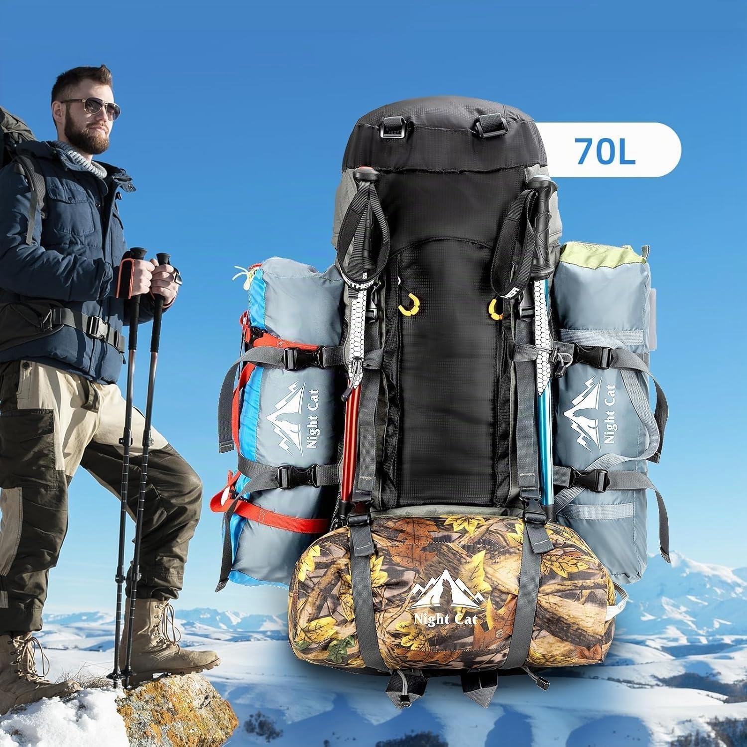 Night Cat 70L 90L Mochila de Senderismo para Hombres Mujeres Macutos de Trekking Mochileros Escalada Ciclismo Viajar
