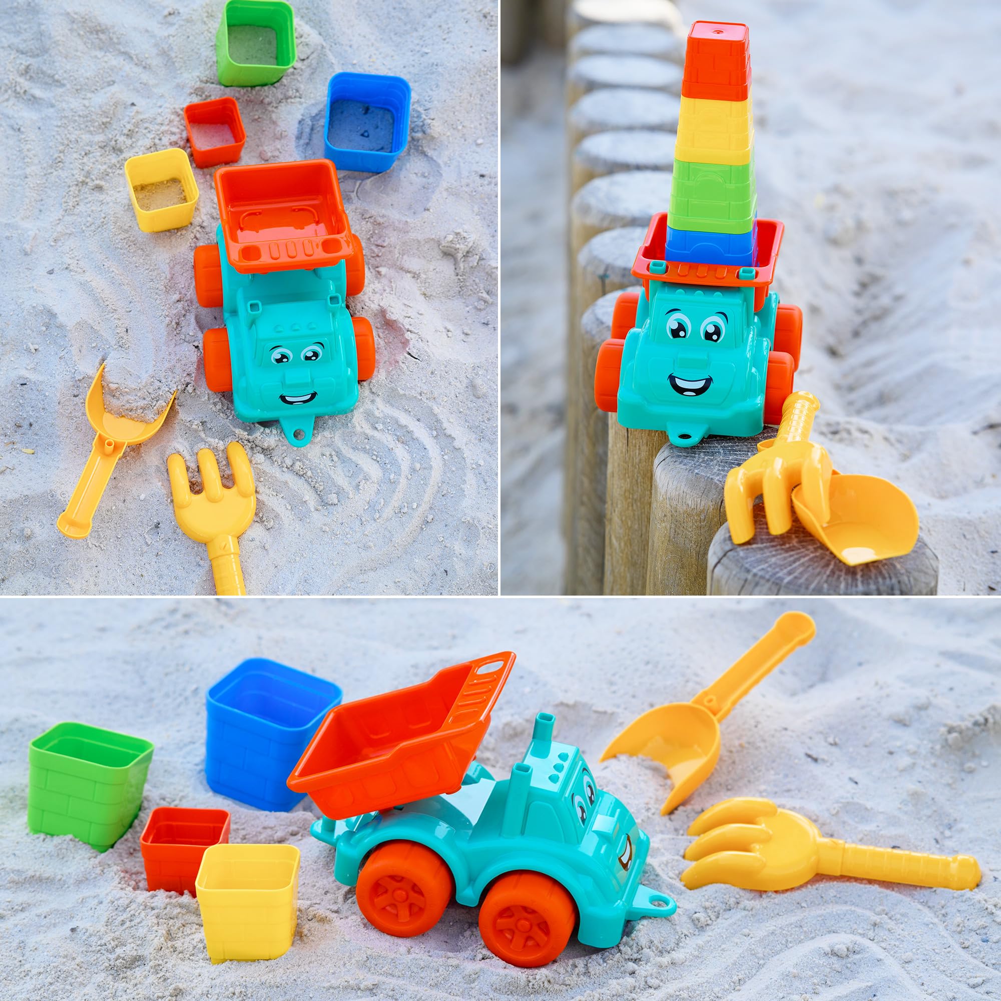 FANCY BABY Samochód Ciężarowy do Piaskownicy 22 cm dla Dziecka 1 2 3 4 Lata - Zestaw do Zabawy z Piaskiem, Zabawki do Piaskownicy dla Dzieci z Kubkami do Układania w Stosy, Zestaw Plażowy