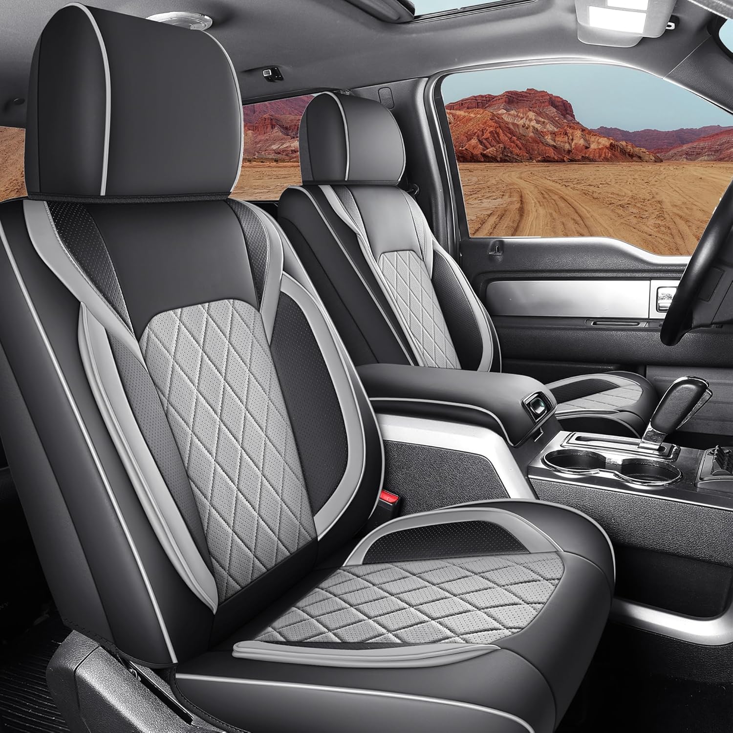Covers for 2015-2025 Ford F150 SuperCrew & 2017-2025 F250/F350/F450 Super Duty Crew Cab Pickup XL XLT Lariat King Ranch | Custom-Fit Front Seat Covers(Black & Gray) Black & Gray Front