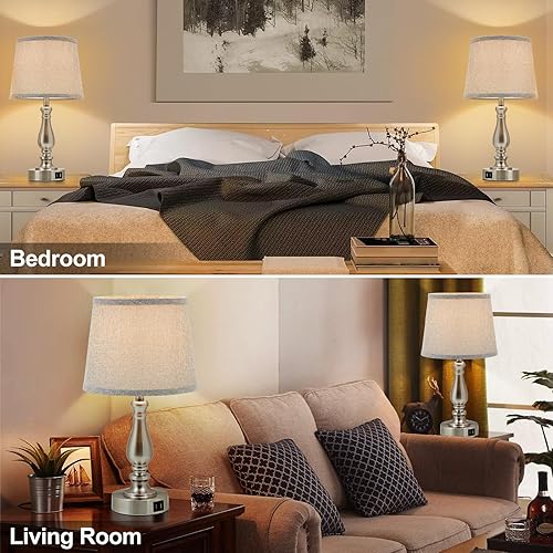 Miniatura 8 de EJIAXIN Juego de 2 lámparas de mesa de noche para dormitorio, lámparas de noche táctiles con puertos USB duales, lámparas de dormitorio regulables