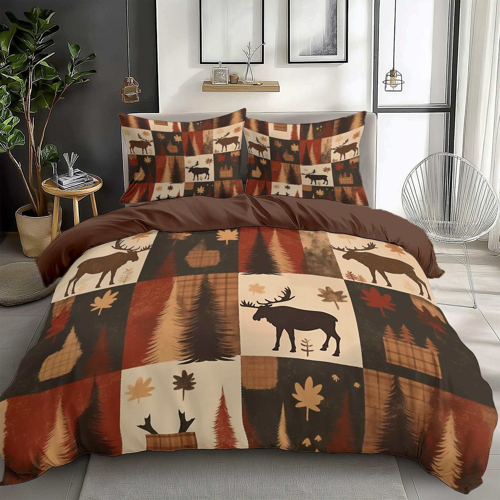 Camel Bedding Sets Forest Moose Patchwork Pattern Print Duvet Cover Set, Comforter Cover Full Size Soft Breathable Reversible 3-Piece Bedding for Kids Teens