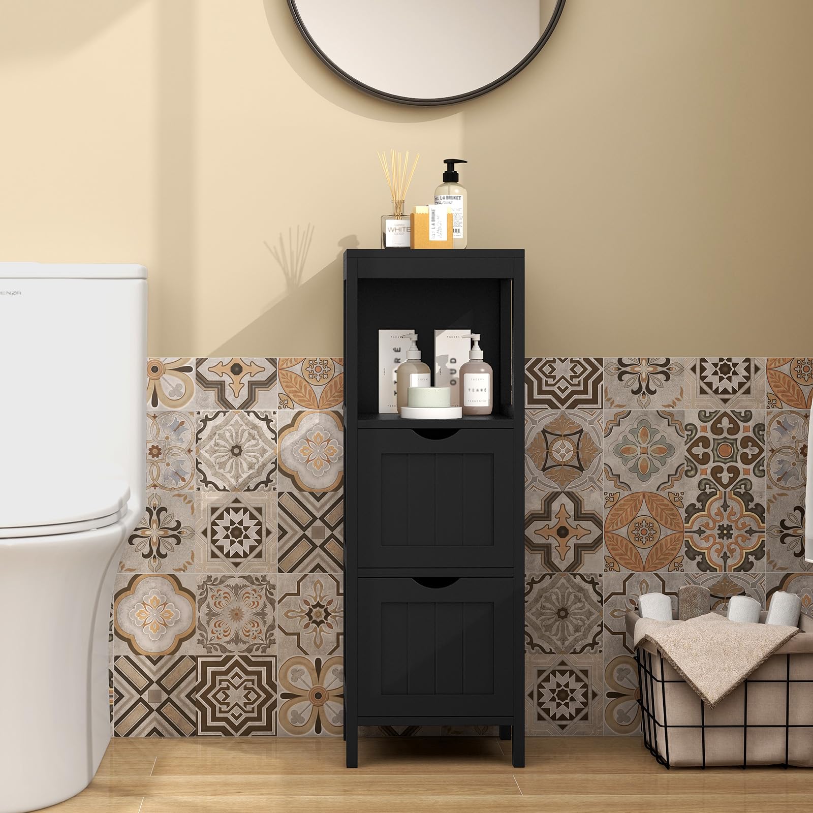 COSTWAY Muebles Baño, Cajonera Baño con 1 Estante y 2 Cajones Extraíbles, Armario Baño Estrecho Lateral, 30 x 30x 90cm, Sala Cocina Comedor (Negro)