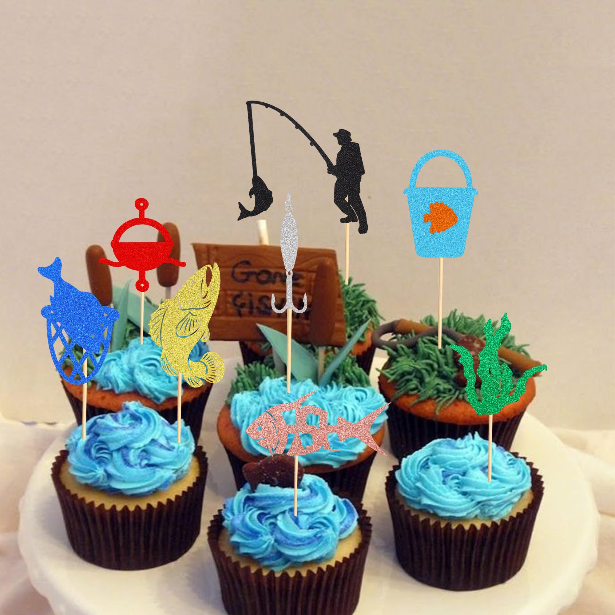 Arthsdite 24 Adornos Para Cupcakes De Pesca, Decoración De Cupcakes De Feliz Cumpleanos Decoracion Colorida Para Tartas De Pesca Tema De Cana De Pescar Para Hombres Y Mujeres Cumpleanos