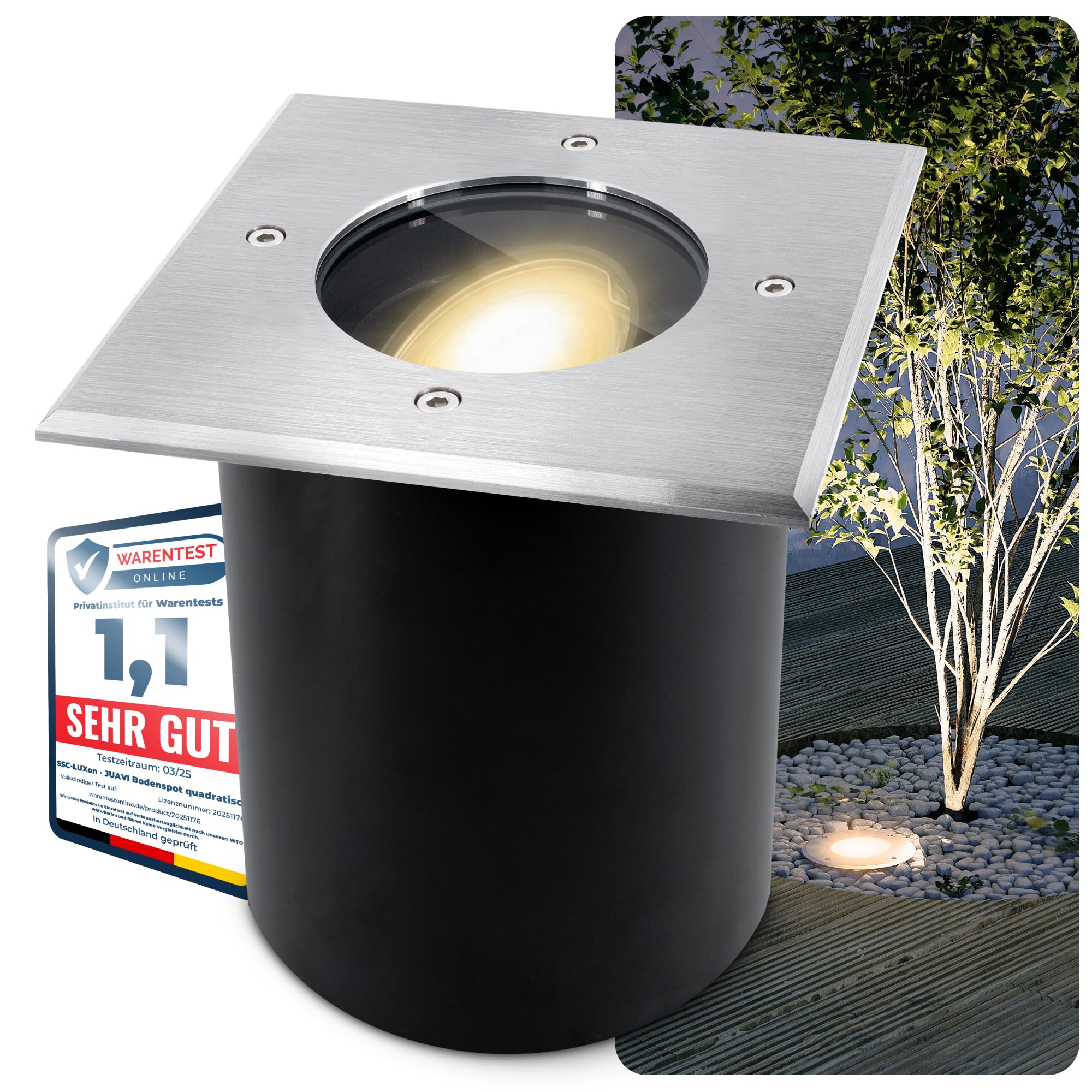 SSC-LUXon JUAVI LED Bodenstrahler Set dimmbar schwenkbar IP67 - mit LED GU10 7W warmweiß 230V - 3x Einbaustrahler Boden eckig