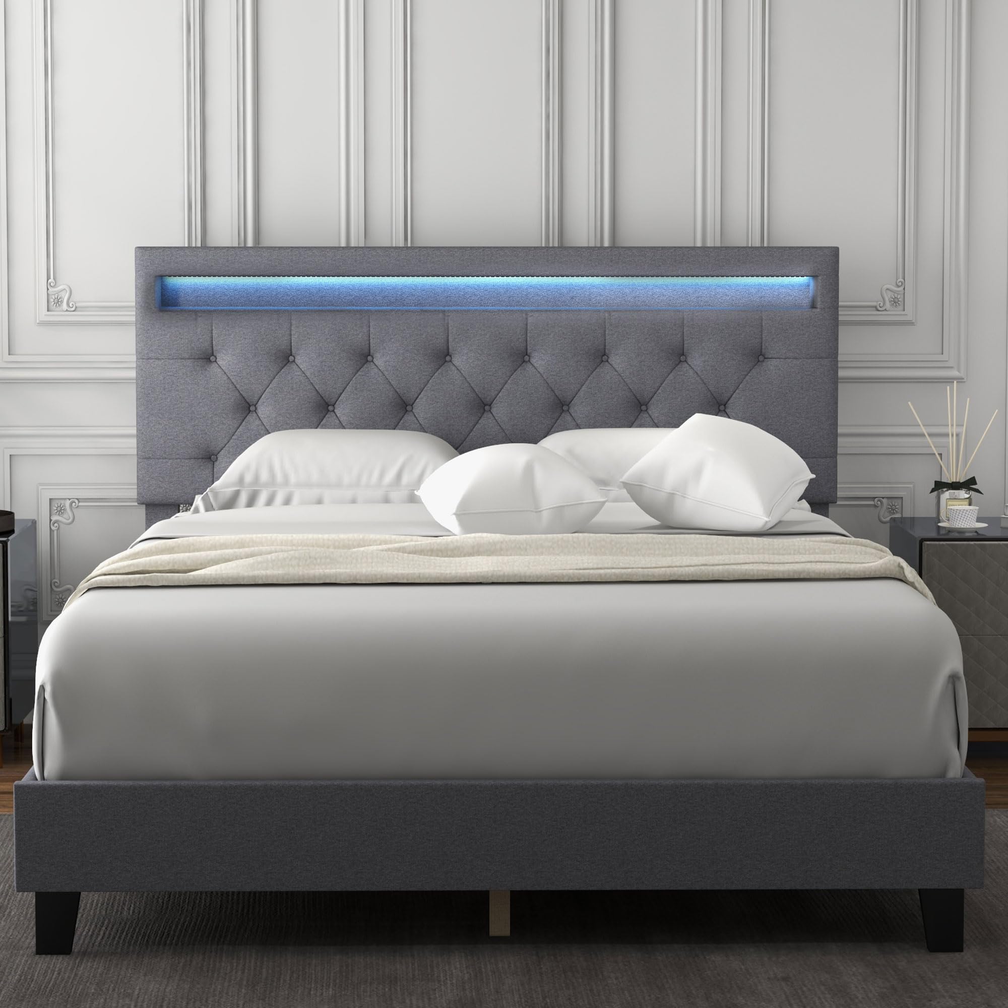 Bonzy HomeQueen Bed Frame with Adjustable Headboard and LED Lights, Upholstered Bed Frame Queen Size with Strong Wooden Slats, No Box Spring Needed, Easy Assembly, Gray