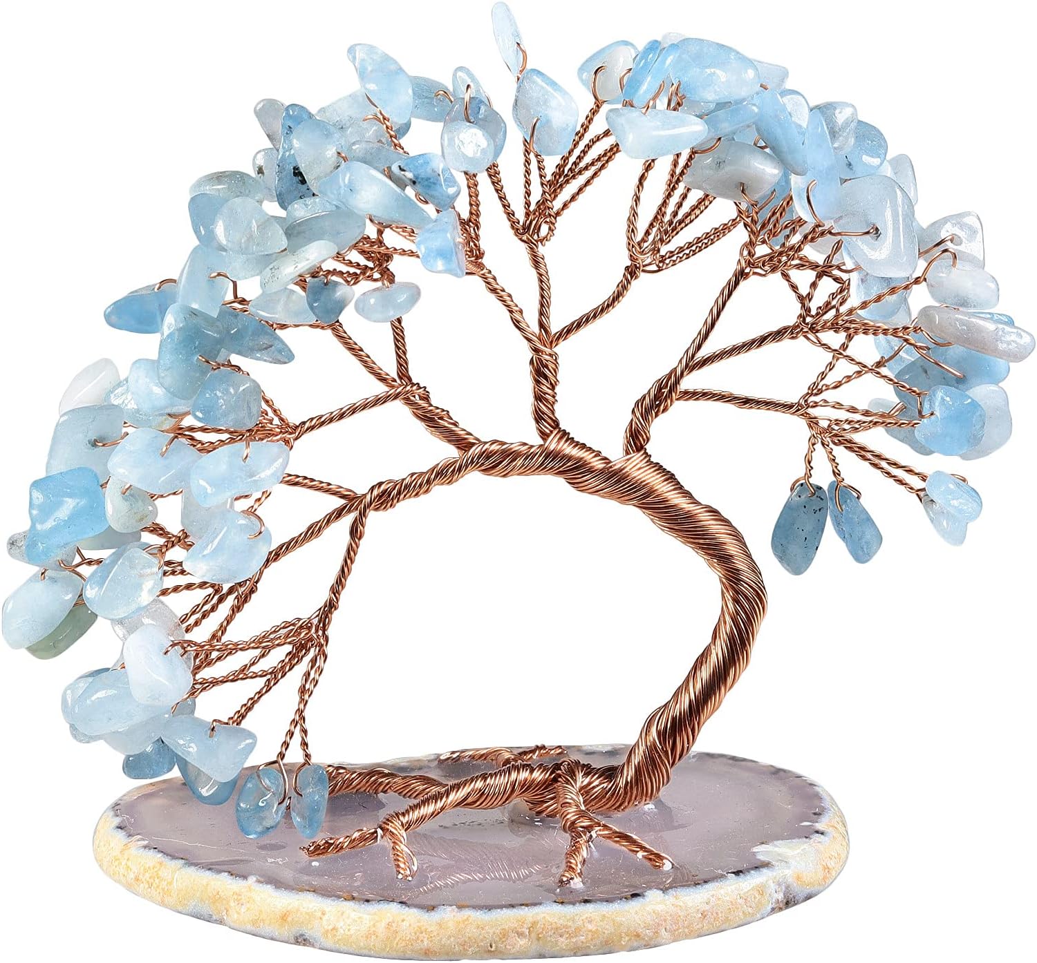 rockcloudHandmade Crystal Money Tree with Agate Slice Base Tumbled Stones Feng Shui Bonsai Home Office Decor for Luck and Wealth, Aquamarine