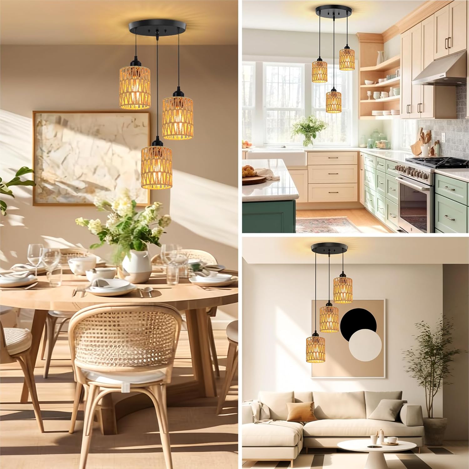 3 Light Pendant Lighting, Farmhouse Hanging Light Fixture for Kitchen Island & Dining Room, Industrial Vintage Ceiling Lamp with E26 Base, Adjustable Height, Rattan Pendant Light