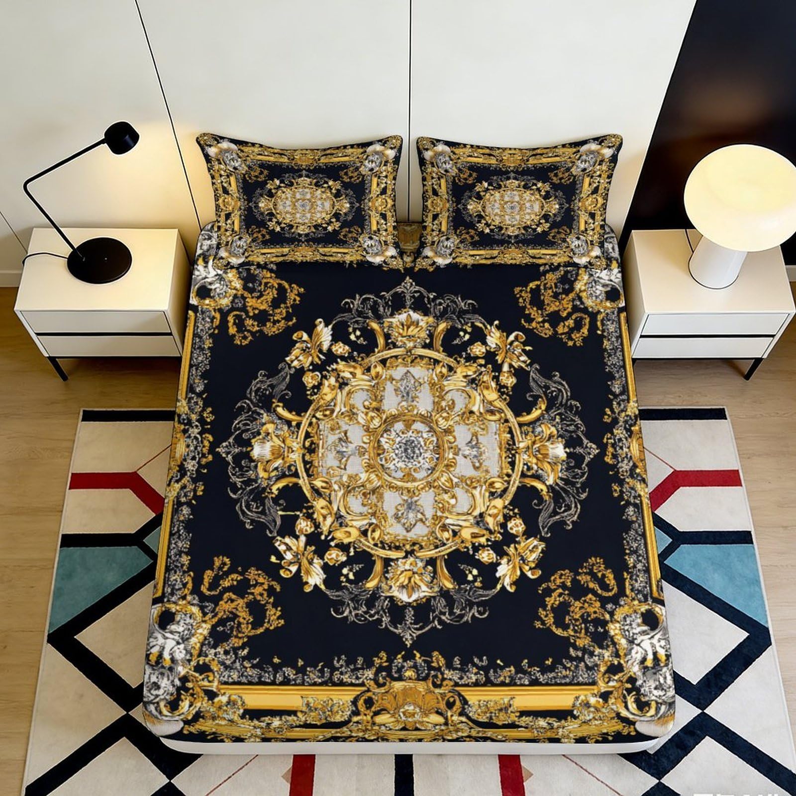 3D Printed Baroque Gold Fitted Sheet Microfiber Soft Black Ornate Mattress Cover for Bedroom Guest Room Decor 180x200x25cm