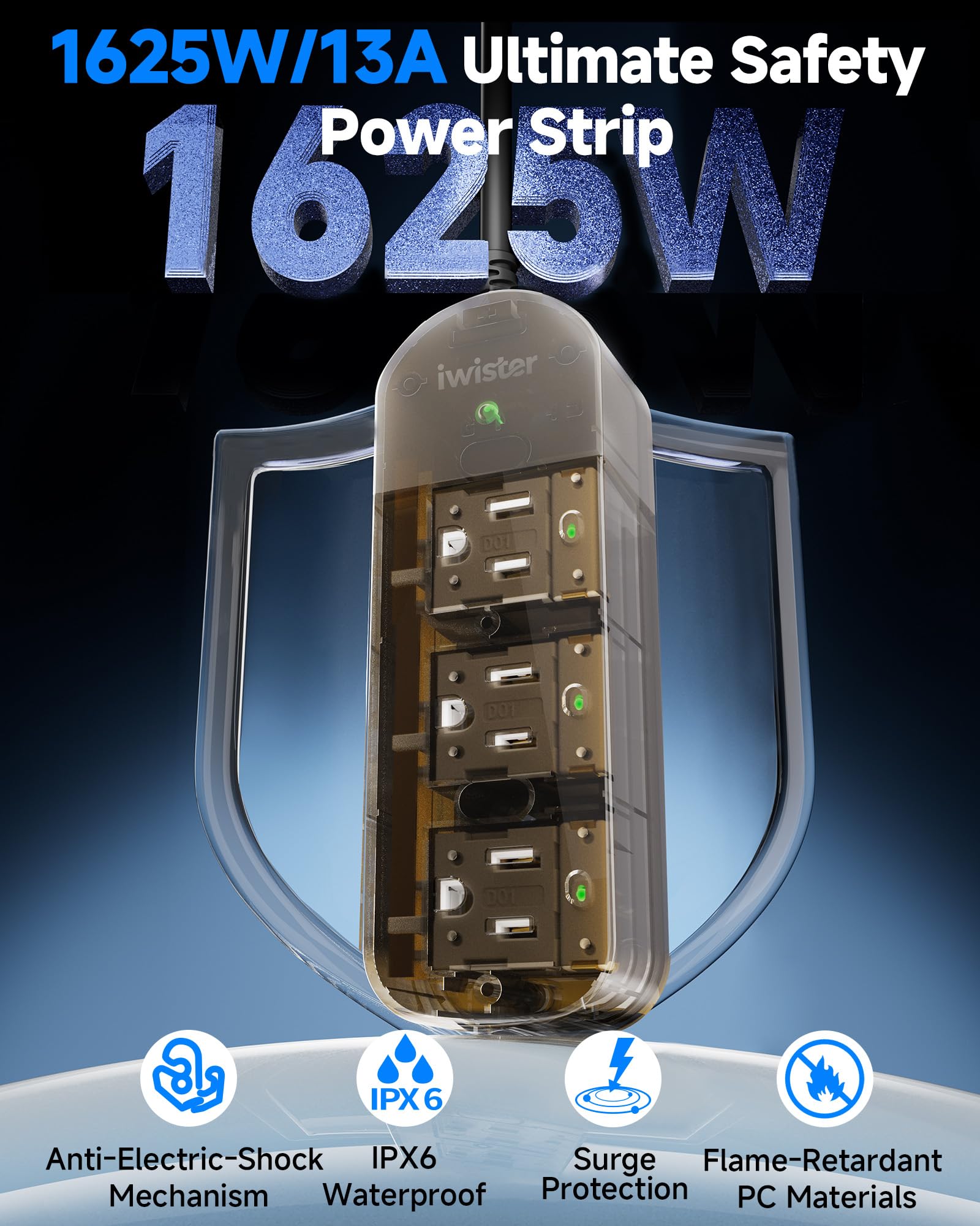 Iwister Outdoor Power Strip, 3 AC Outlets, 5 FT, 1625W/13A High-Power Single-Device Use, with Anti-Electric Shock & IPX6 Waterproof, Ideal for Backyard, Patio, Garage, Kitchen, Workshop, Camping, RV - 2