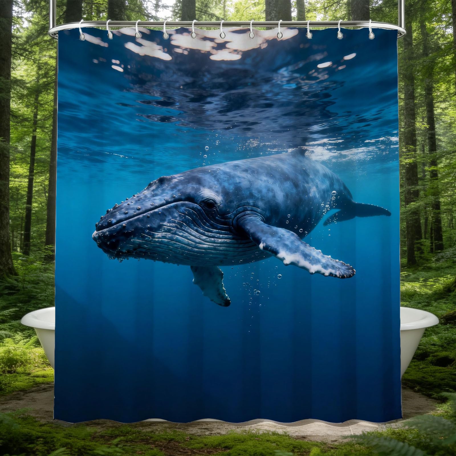 Hongduo White 3D Ocean Whale Shower Curtain For Stalls Bathtubs The Underwater World Bathroom Decor Shower Curtain Set Polyester Fabric Waterproof 200X200cm/79X79 Inch With Hooks