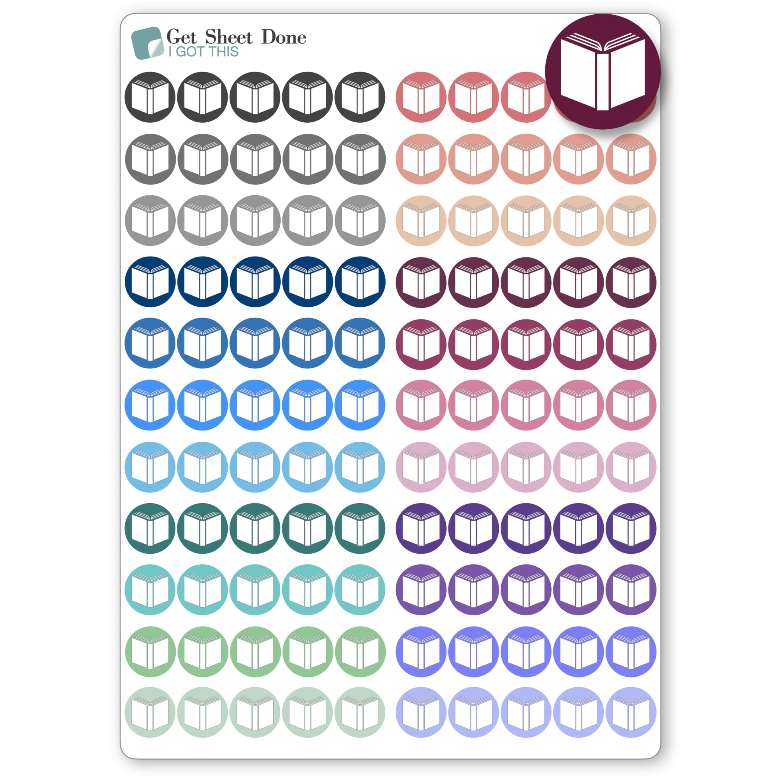Book Icon Planner Sticker / 110 Dot Icon Vinyl (1/3”) / Club Read Reading Me Time Self Care Homework School Student/Essential Productivity Life/Bullet Bujo Journal (One Sheet, multi)