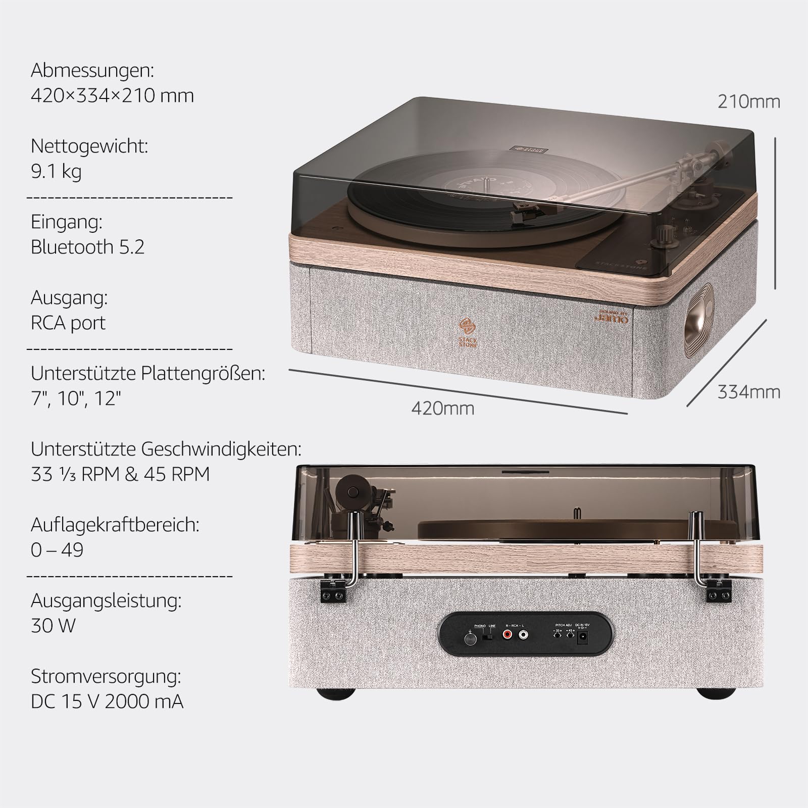 STACKSTONE DS07 x Jamo Vinyl Plattenspieler Bluetooth, Schallplattenspieler mit Lautsprechern, Dual-Layer Anti-Vibrationssystem, Magnetkartusche AT3600L, Hi-Fi, 33/45 RPM, Skandinavisches Design