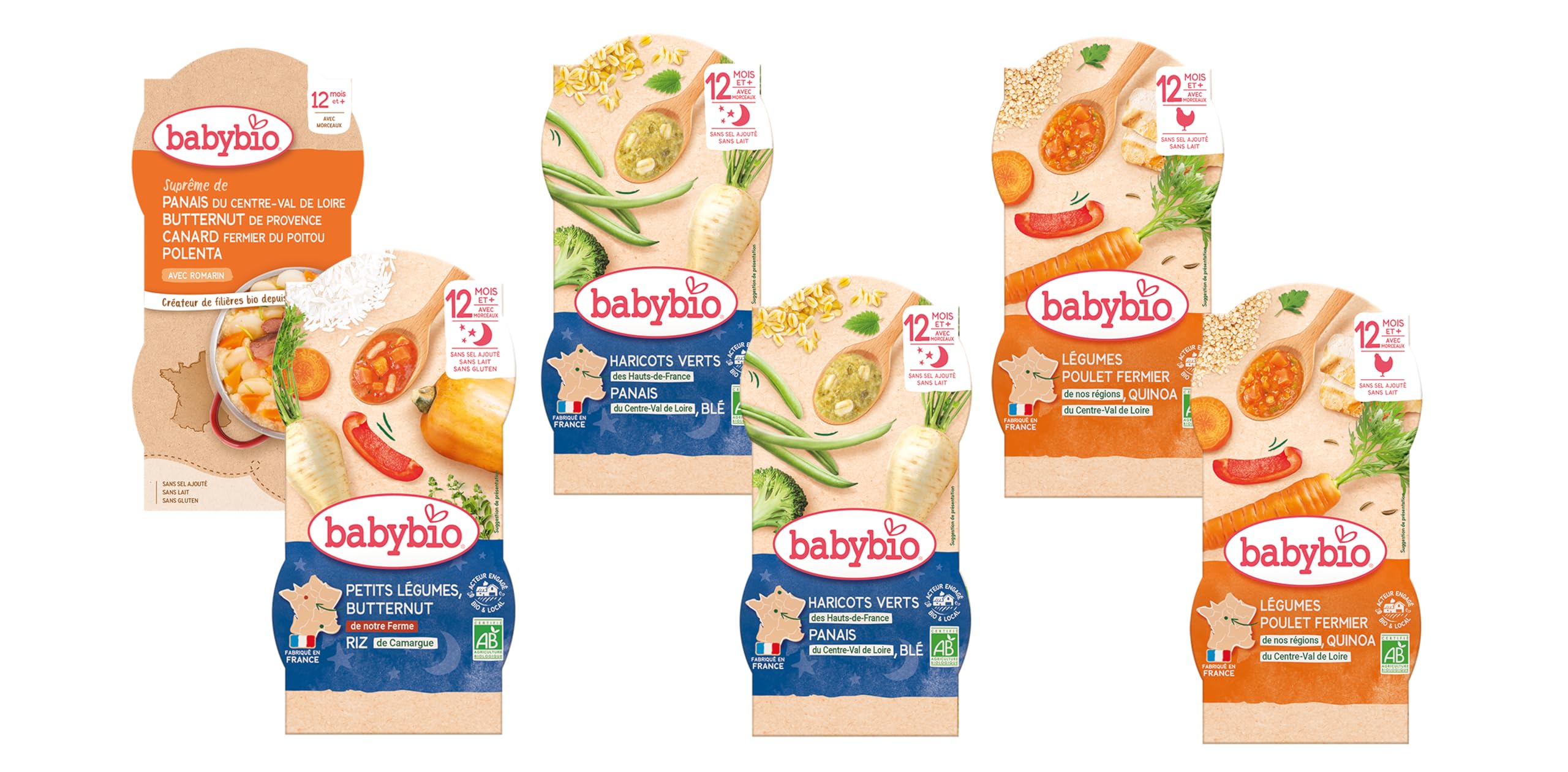 BABYBIO - 12 petits plats pour bébé - Repas midi et soir - Dès 12 Mois - 6 recettes - BIO - 12 x 200g