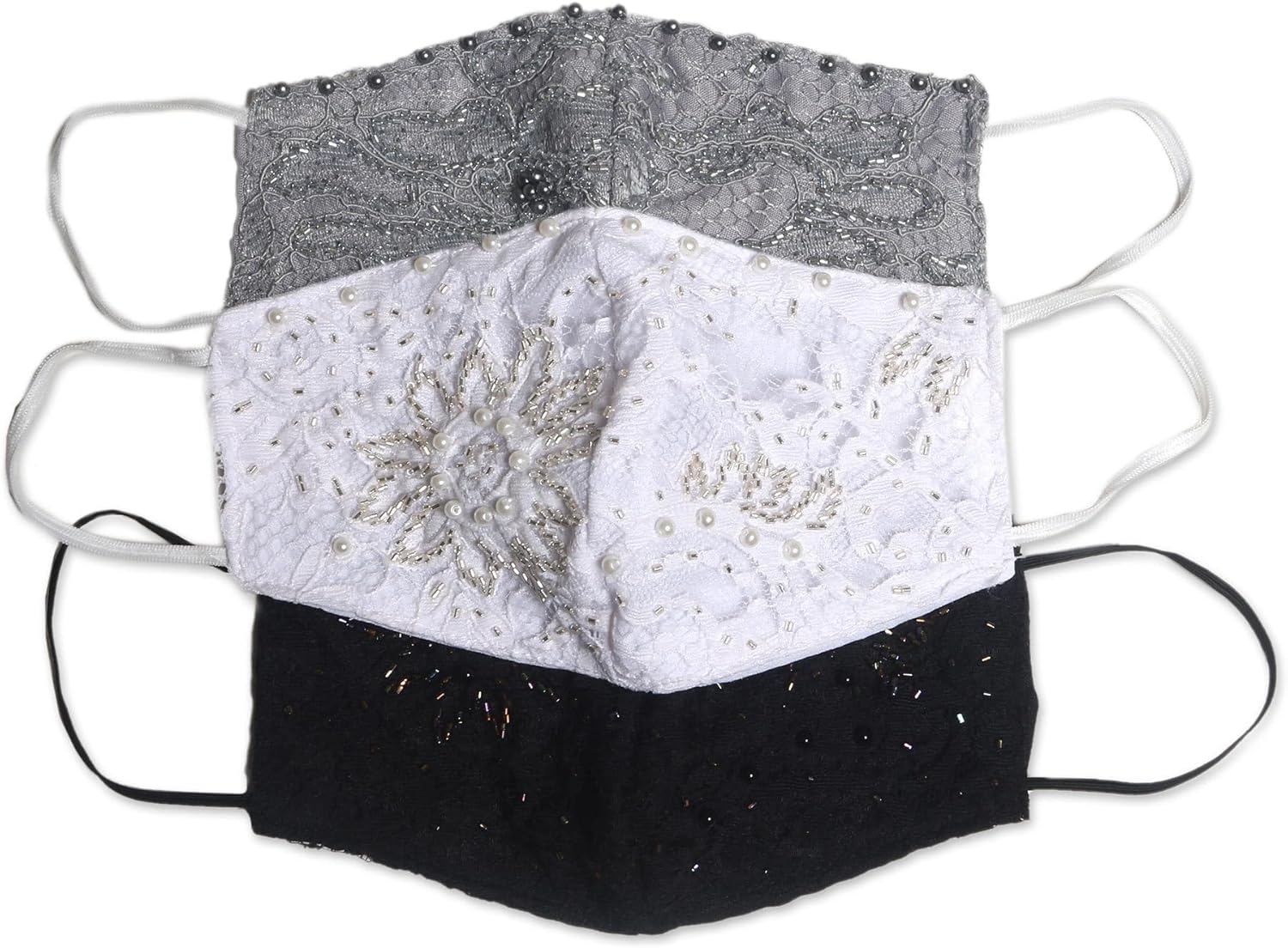 NOVICA Handmade Balinese Rayon Lace Beaded Face Masks Set of 3 - Grey White Black Artisan Embroidered Double Layer