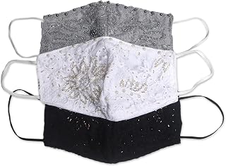 NOVICA Handmade Balinese Rayon Lace Beaded Face Masks Set of 3 - Grey White Black Artisan Embroidered Double Layer