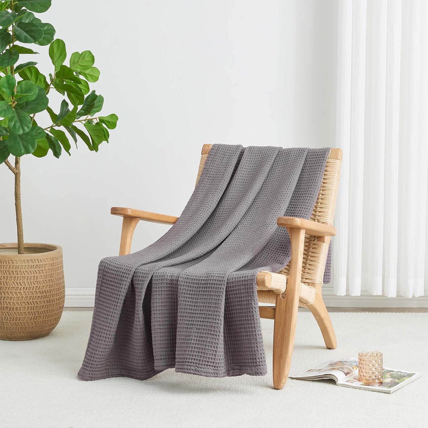 100% Cotton Dark Grey Blanket Twin Size for Bed - Breathable and Soft, Waffle Weave for Summer Spring, 90x66 Inches - Image 3