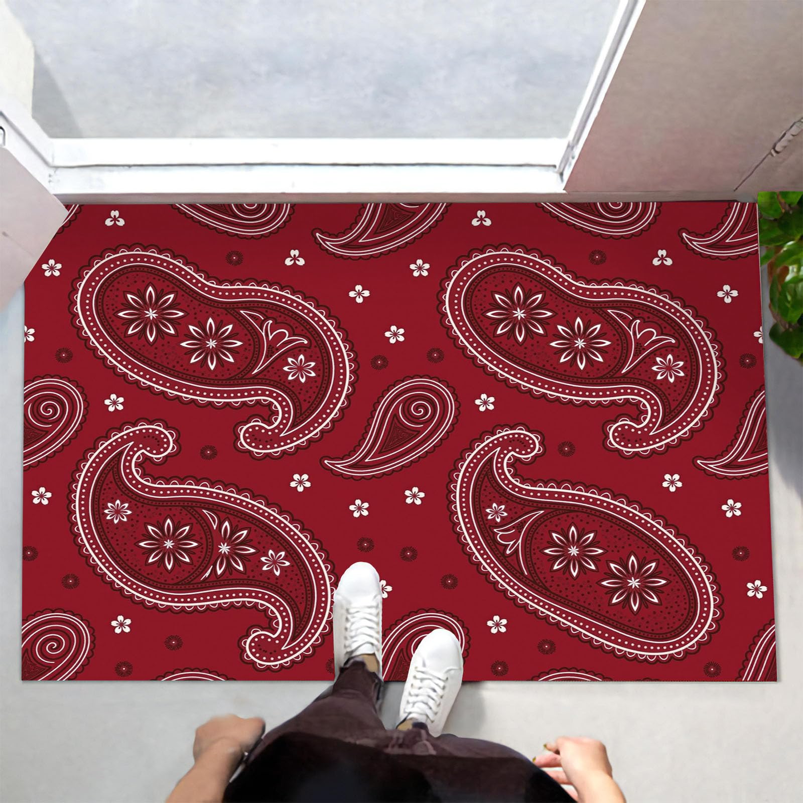 Ultradünne Ethnische Paisley-Blumen Fußmatte Für Innenbereich, 80X120Cm Waschbar Teppich Für Eingangsbereich, Retro-Exotik Schmutzfänger Fussmatten, Rot rutschfeste Eingangsmatte