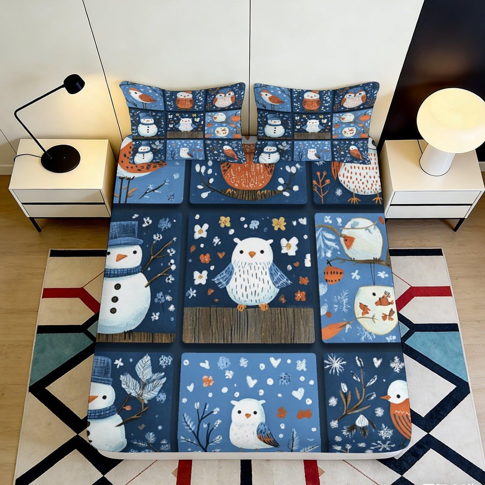 3D Printed Winter Owl Fitted Sheet Microfiber Soft Durable Snowman Bed Cover for Bedroom Dormitory Guest Room Mattress Protection Decoration 200x200x25cm