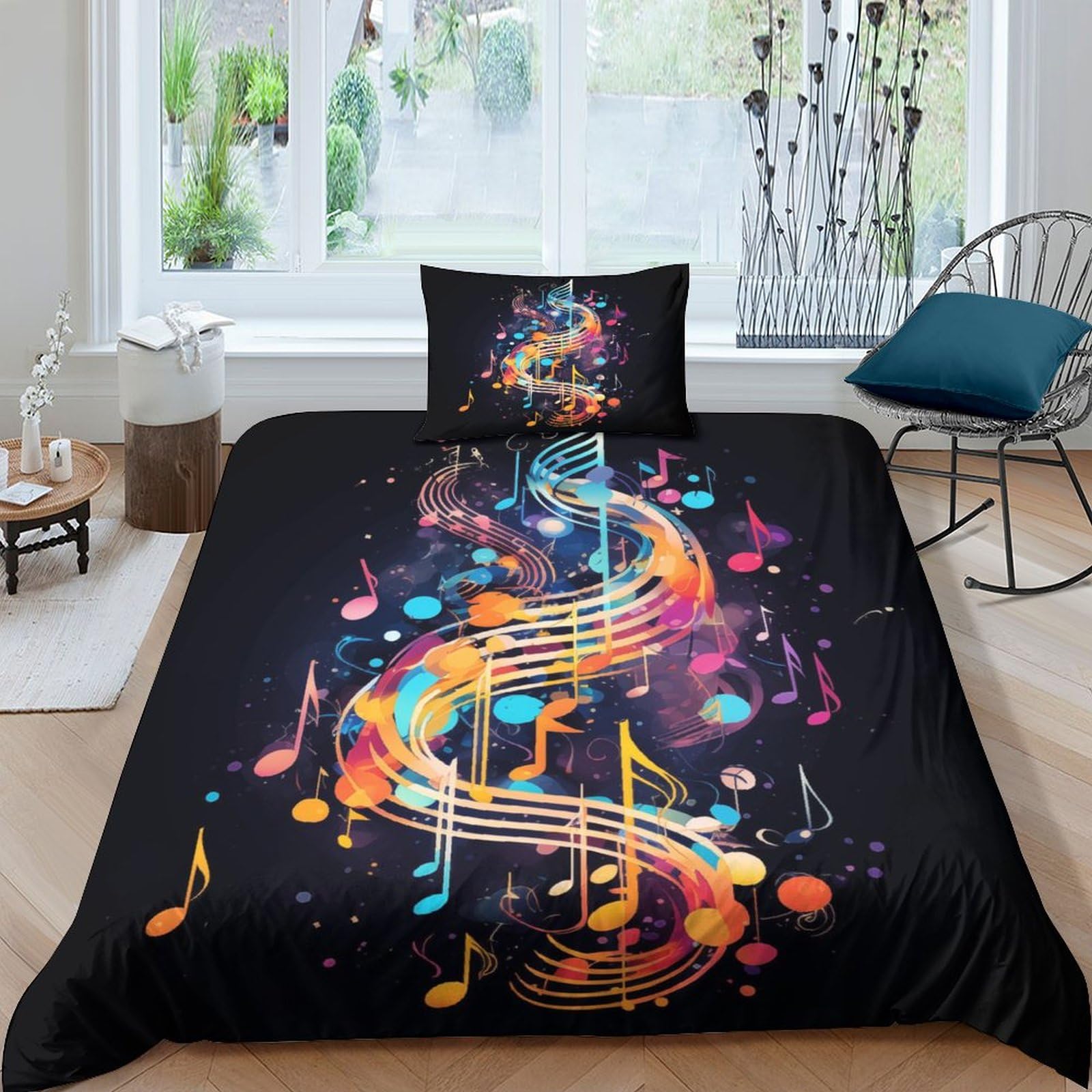 Housse de couette respirante 135x200 cm notes de musique avec fermeture éclair durable