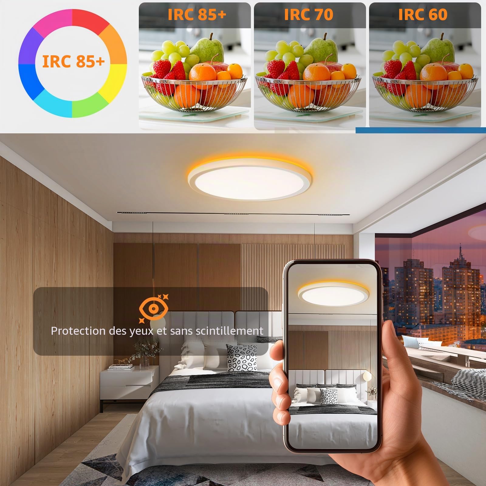 Plafonnier LED, 24W Carré Lampe de Salle de Bain avec télécommande, intensité 3000K-6500K, veilleuse 1800K Ambre