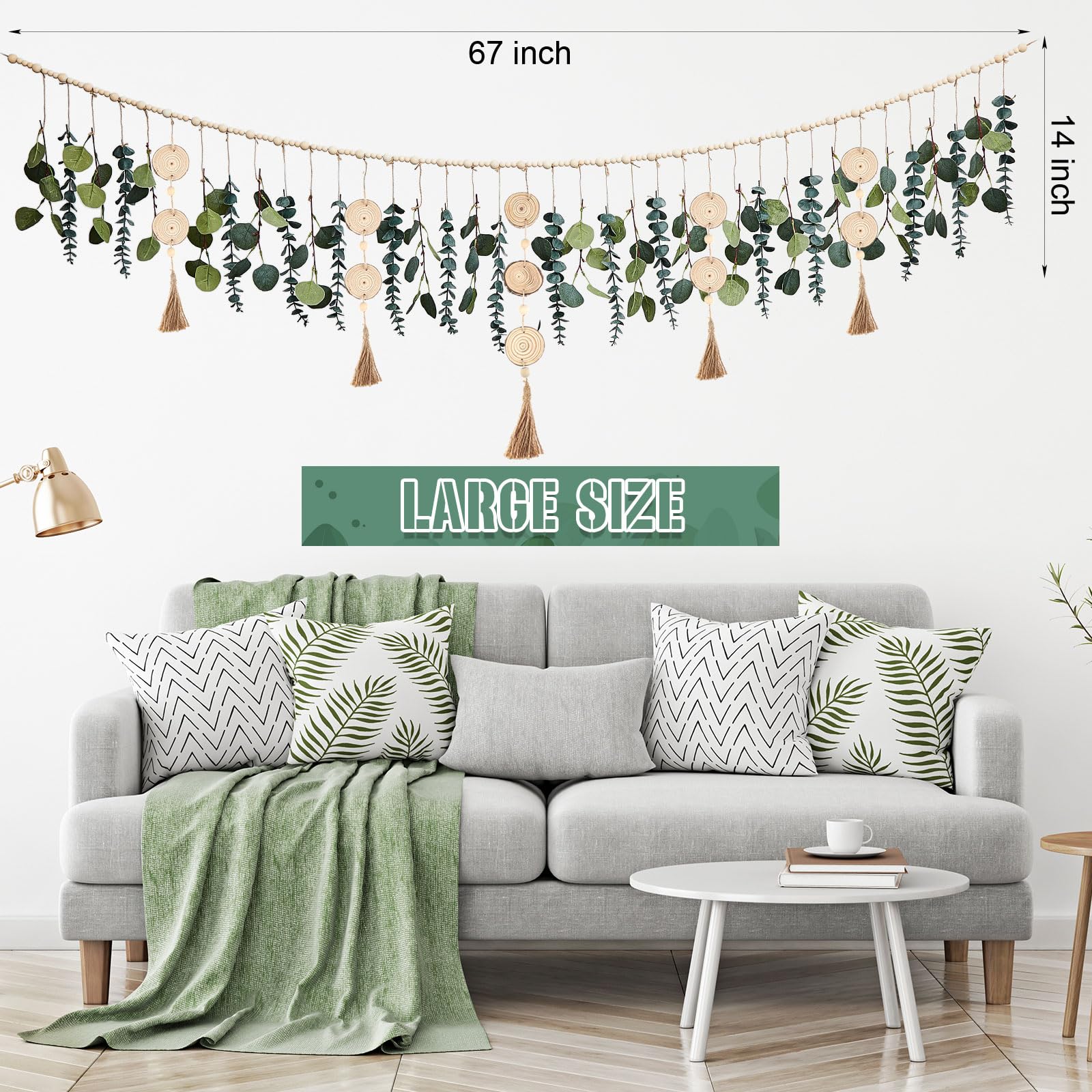 Juexica Künstliche hängende Eukalyptus-Wanddekoration, Boho-Schlafzimmer, Wanddekoration mit LED-Lichterkette für Zuhause, Büro, Bauernhaus, Kinderzimmer, Badezimmer, Küche (Holzperle)