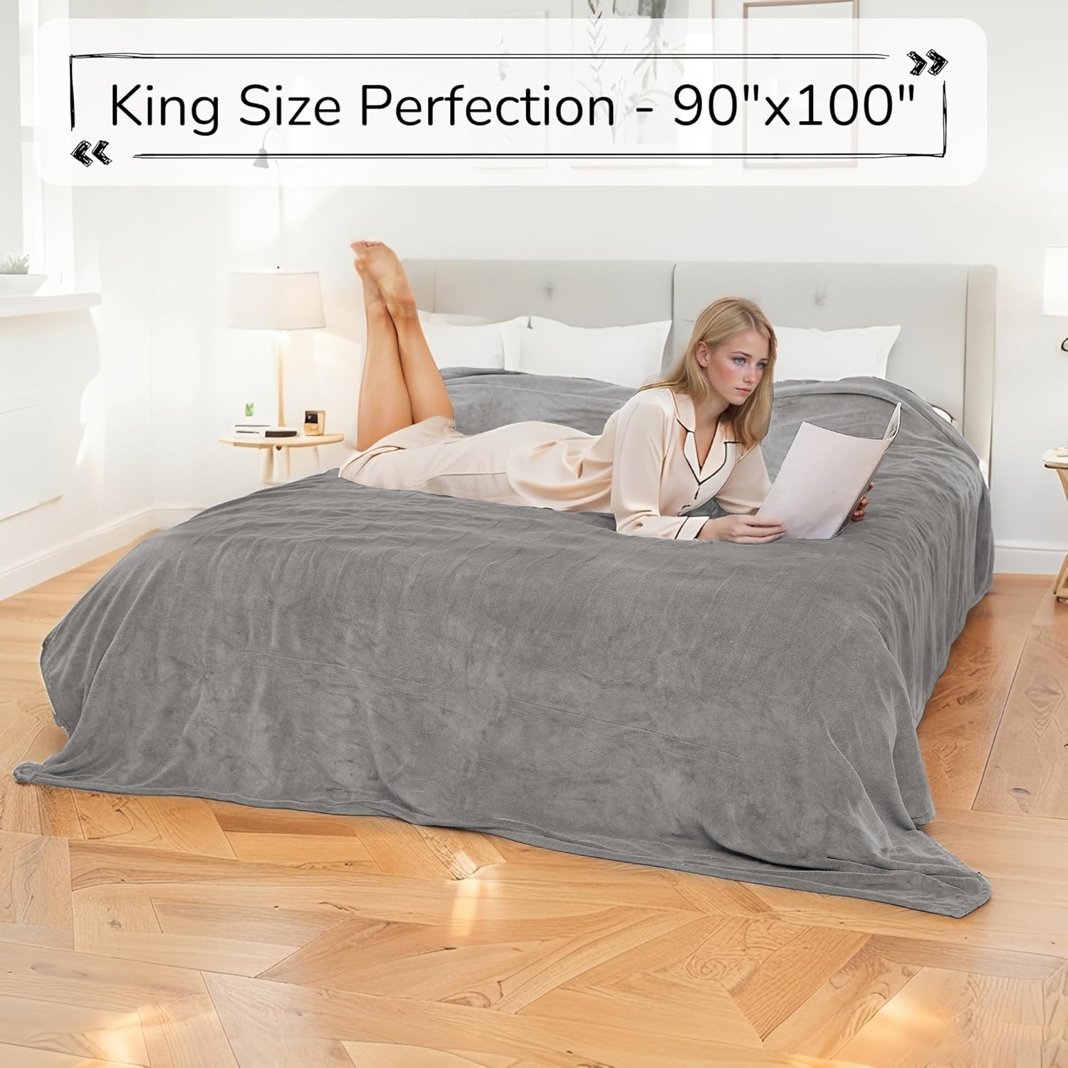 Electric Heated Blanket King Size 90"x100" - Dual-Sided with Microplush & Sherpa Fabric, 4 Heat Settings & 10 Hours Auto Off, Machine Washable - Light Gray - Image 2