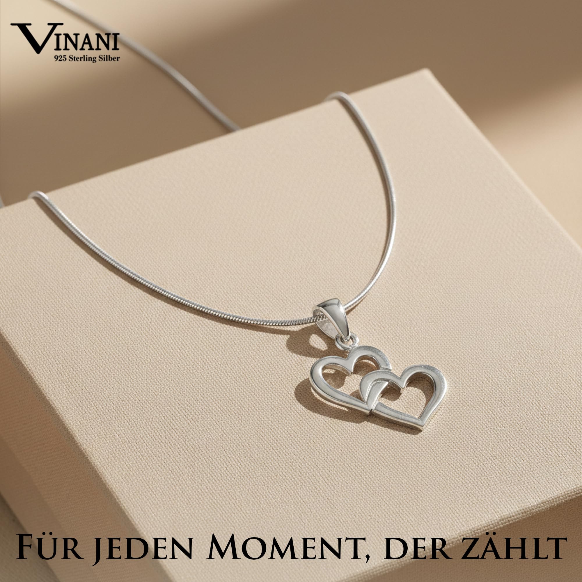 Herzkette 925 Sterling Silber mit 2 verbundenen Herzen für Damen, AAH-S | Glänzender Anhänger, Schlangenkette, nickelfrei, antiallergisch, langlebig verarbeitet, designed in Deutschland.