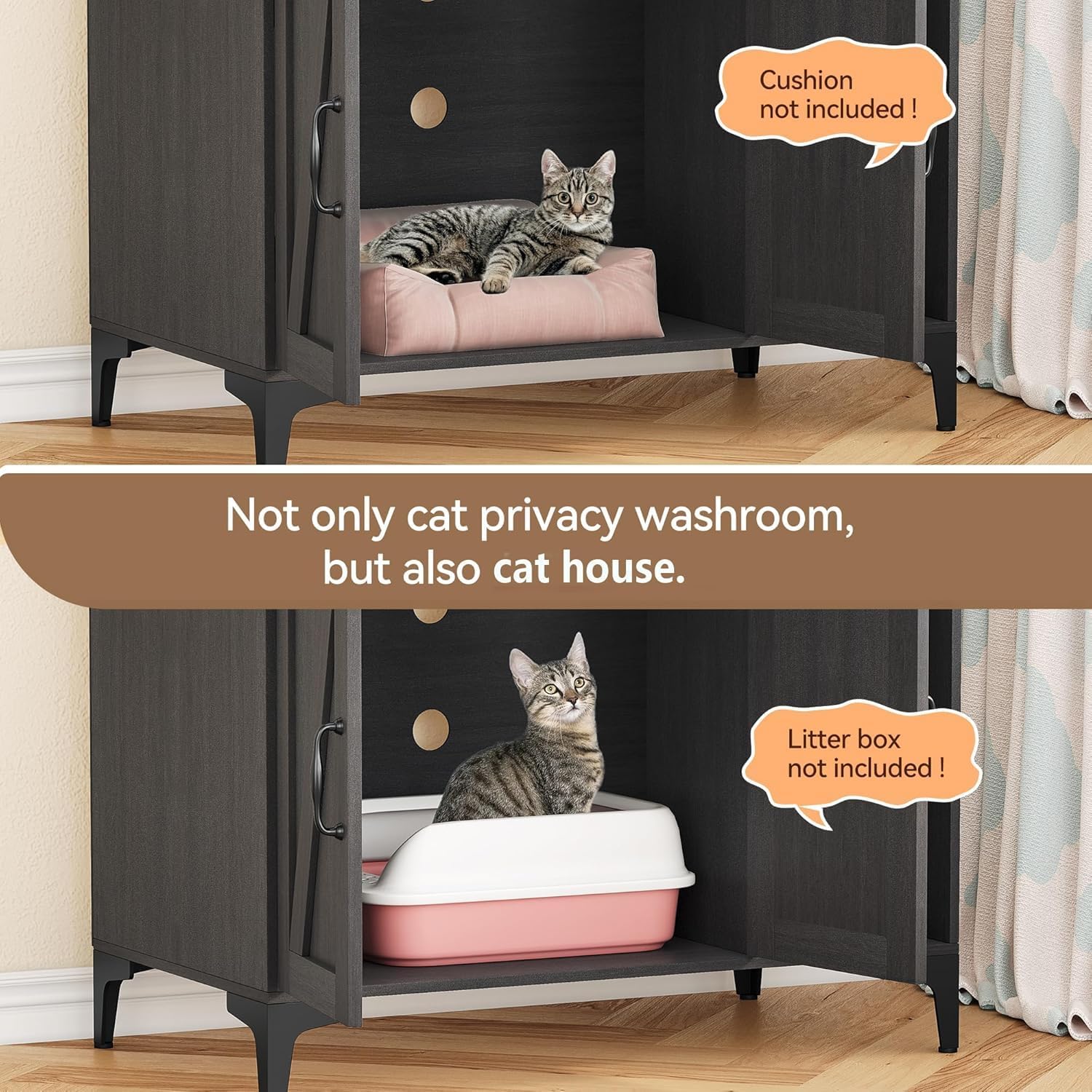 Large Hidden Cat Litter Box Enclosure with Shelves, Modern Litter Box Furniture Sturdy Cat Washroom Storage, Indoor House Furniture,Black
