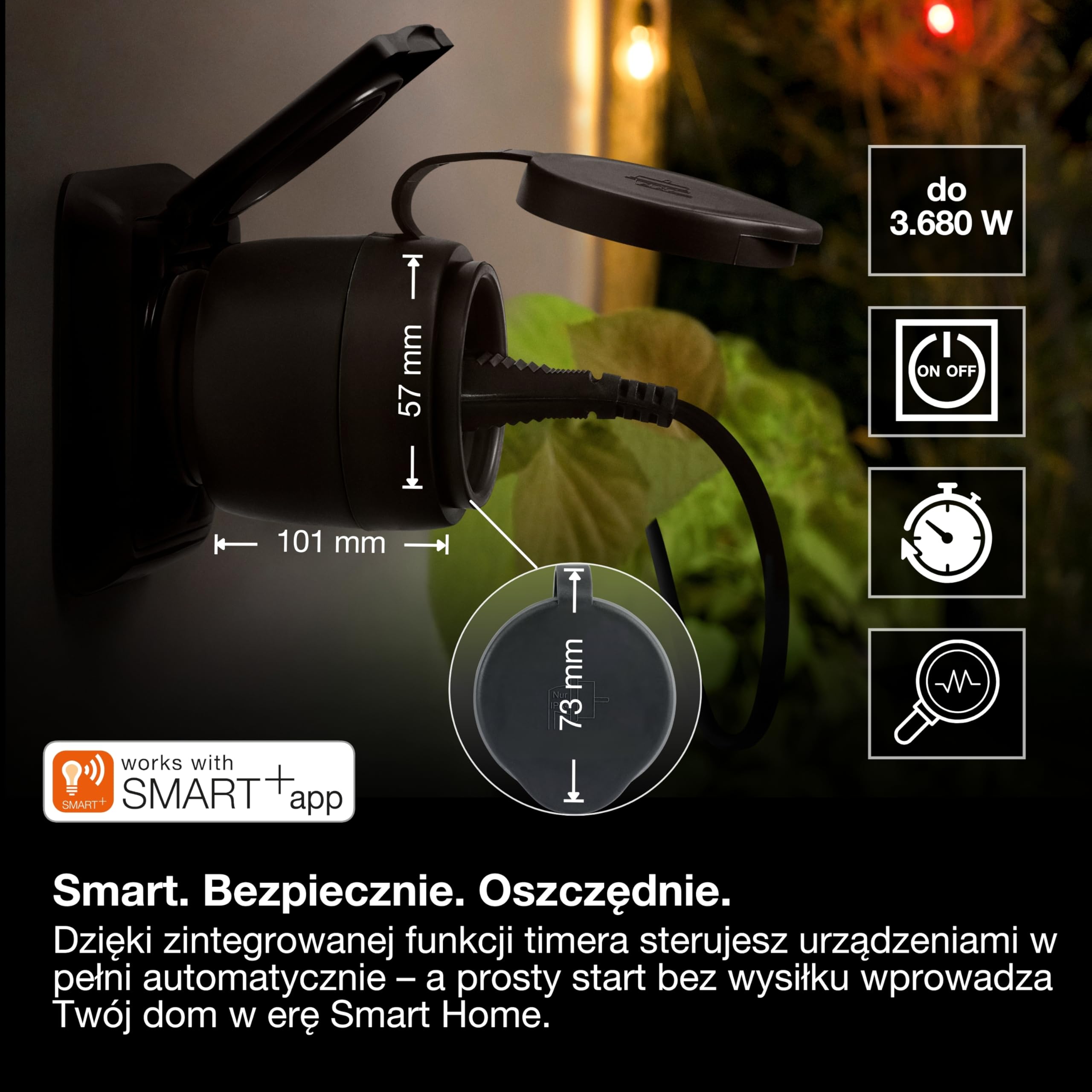 OSRAM Gniazdo zewnętrzne EU SMART+ MATTER, gniazdo zewnętrzne z kontrolą zużycia energii w kolorze czarnym wykonane z PP, stopień ochrony IP44, integracja urządzeń z inteligentnym domem