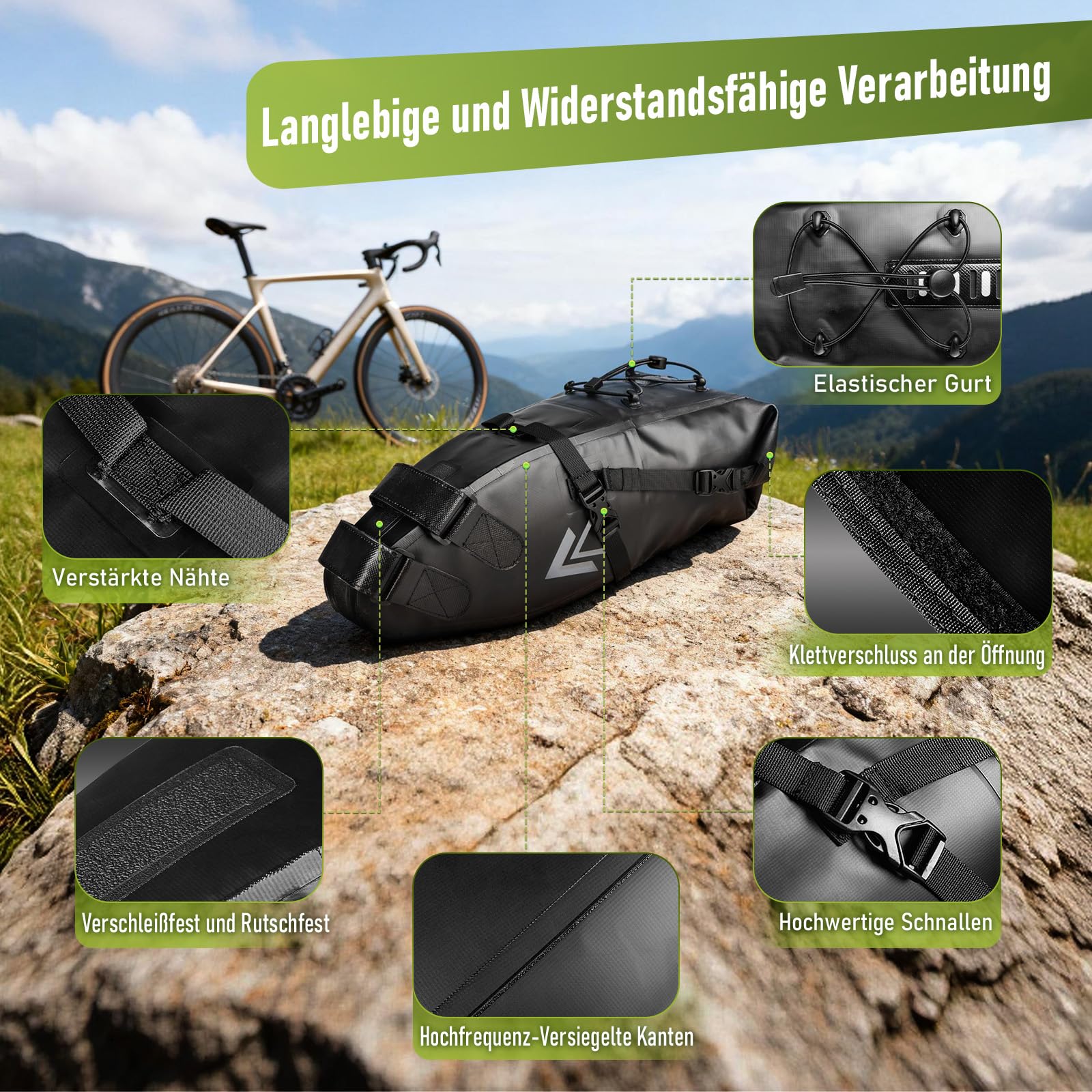 Jeebel Fahrradtasche Wasserdicht BackLoader Satteltasche - 10L Bikepacking Taschen Fahrradtasche Sattelstütze für Rennrad Mountainbike