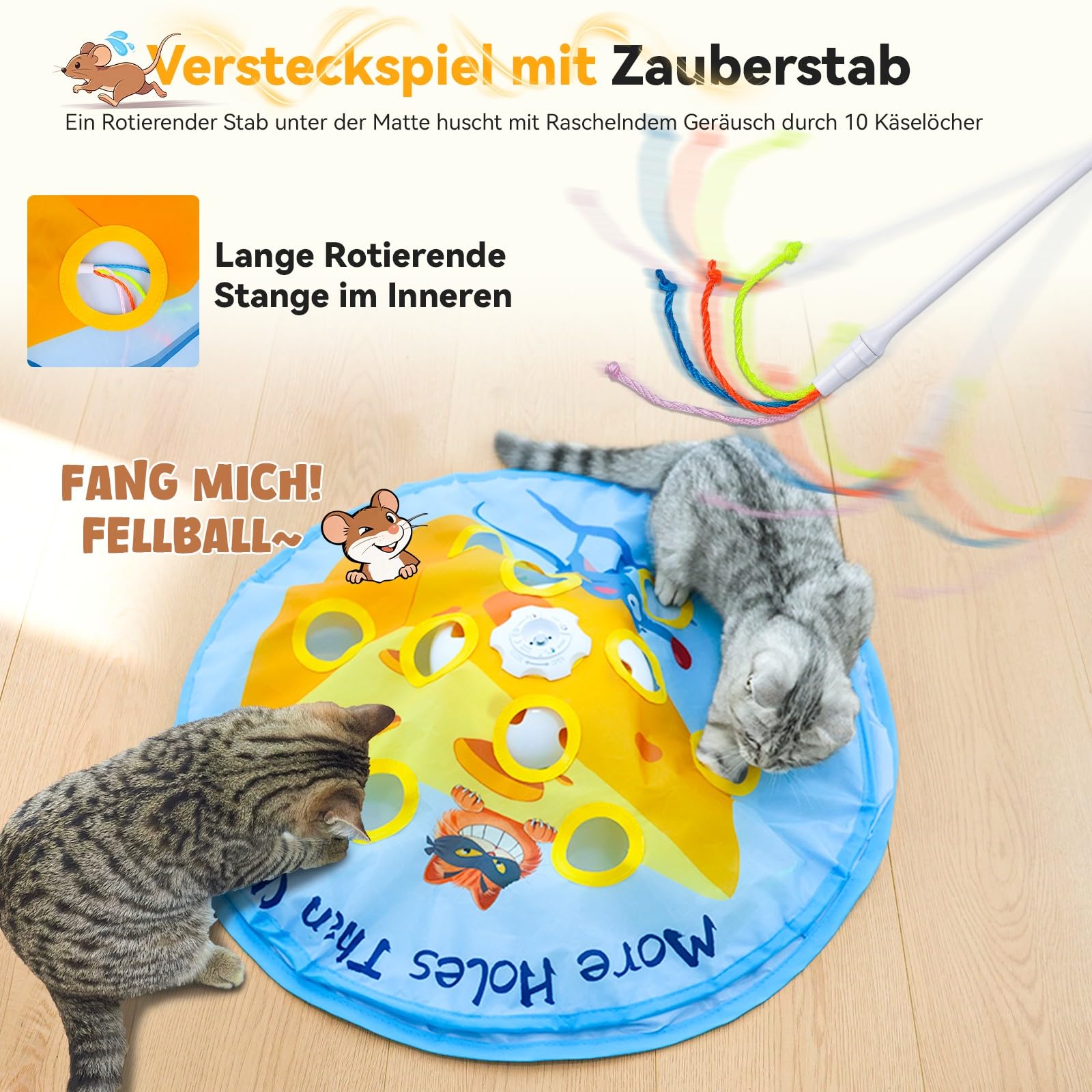 GoldenSun Katzenspielzeug, 5-in-1 Interaktives Katzenspielzeug für Wohnungskatzen, Automatisches Klopfspiel, Fliegender Fisch, Katzenangel und Bewegliche Feder