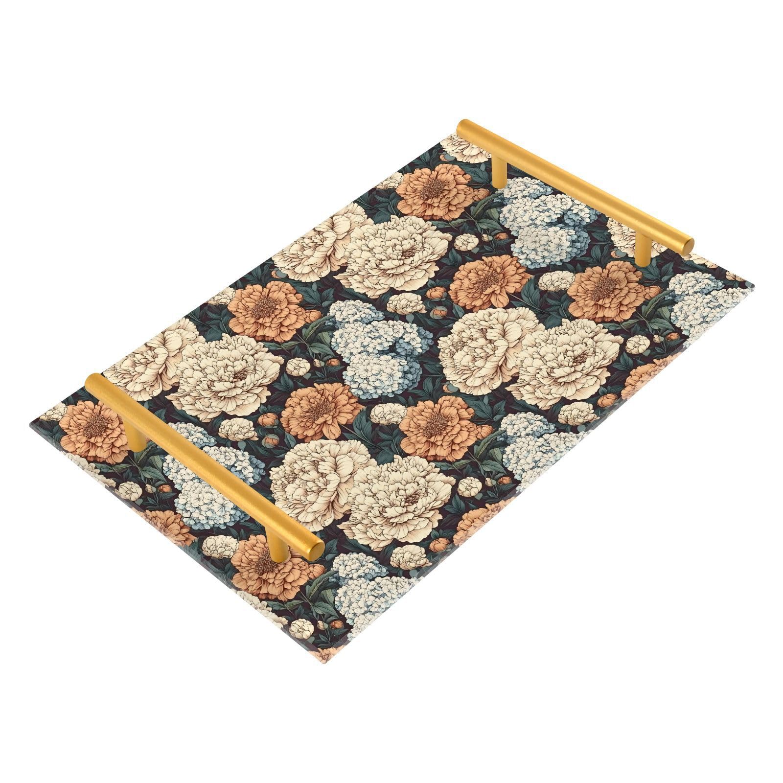 NFMILI Floral Vintage Vanity Tray Rectangle Acrylic Bathroom Tray Serving Trays for Centerpieces Modern Home Decor for Kitchen Bathroom Bedroom Living Room 7.9 × 11.8 in