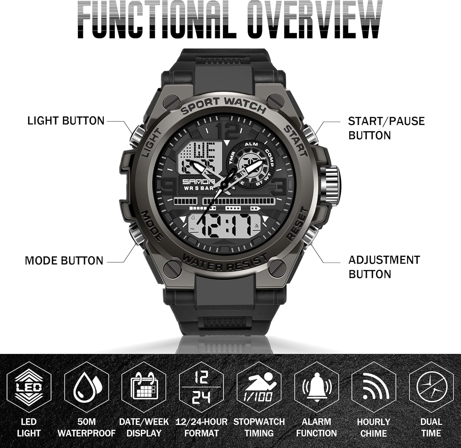 Men's Watches for Men Sports Outdoor Waterproof Military Watch Analog Digital Display Tactics Watch with LED Alarm Stopwatch Hourly Chime Multi-Function Wrist Watches - Image 2