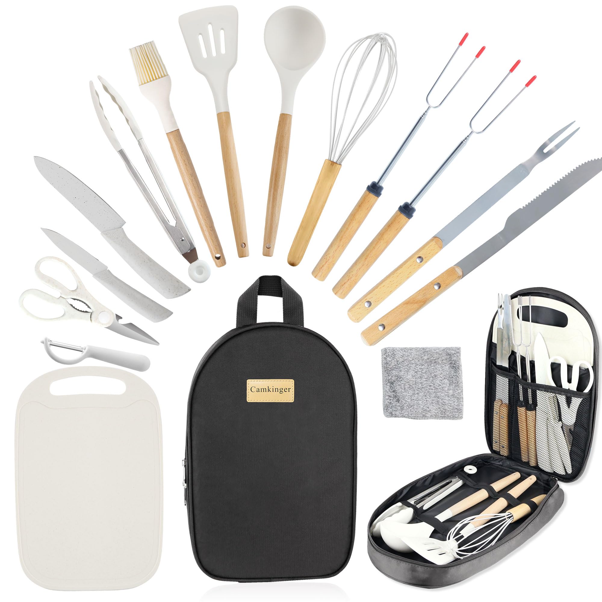 Camping Accessories Kitchen Cooking Utensils Set - Portable Outdoor Camp Cookware Set, Silicone Camper Essentials Gear Must Have Supplies for Travel RV BBQ Grill Picnic Hiking