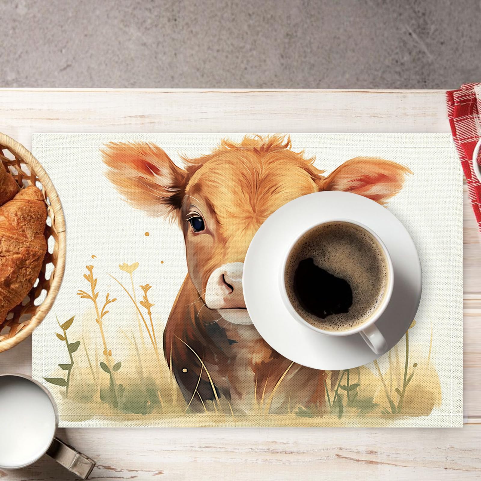 Pack de 8 Table Dessin animé en Coton et Lin, Set de décoration de Table 30×45cm pour événements, Mariage, Anniversaire, dîner, café, Cuisine, (Veau des prairies)