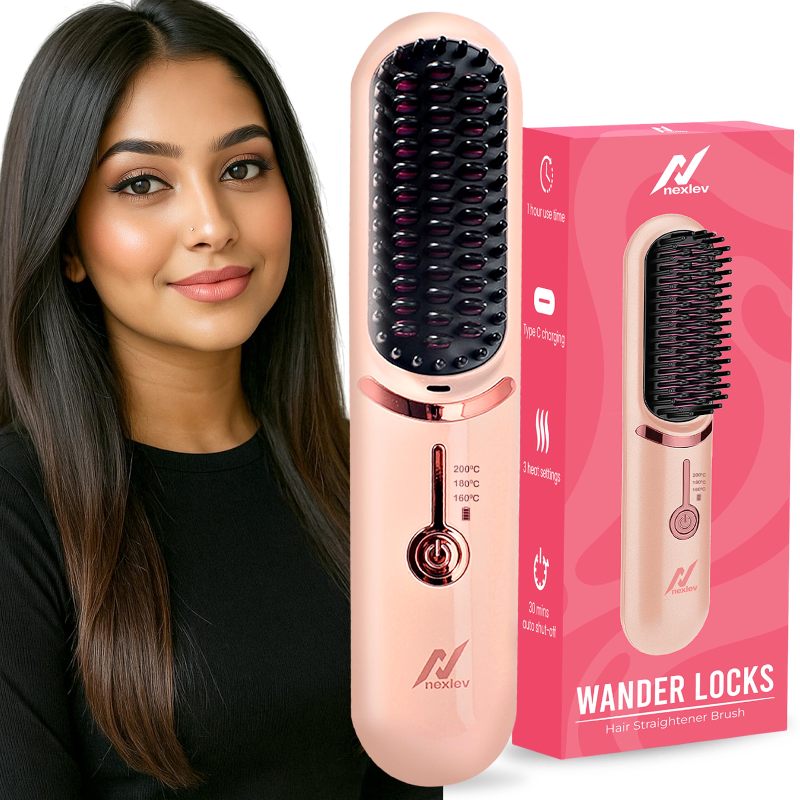 Ionic Cordless Hair Straightener Brush | 60min Runtime | upto 200° Heating | Portable & Type C Rechargeable | Keratin Bristles |Straight, Frizz Free & Shiny Hair | Compact Comb Design | HSB-04